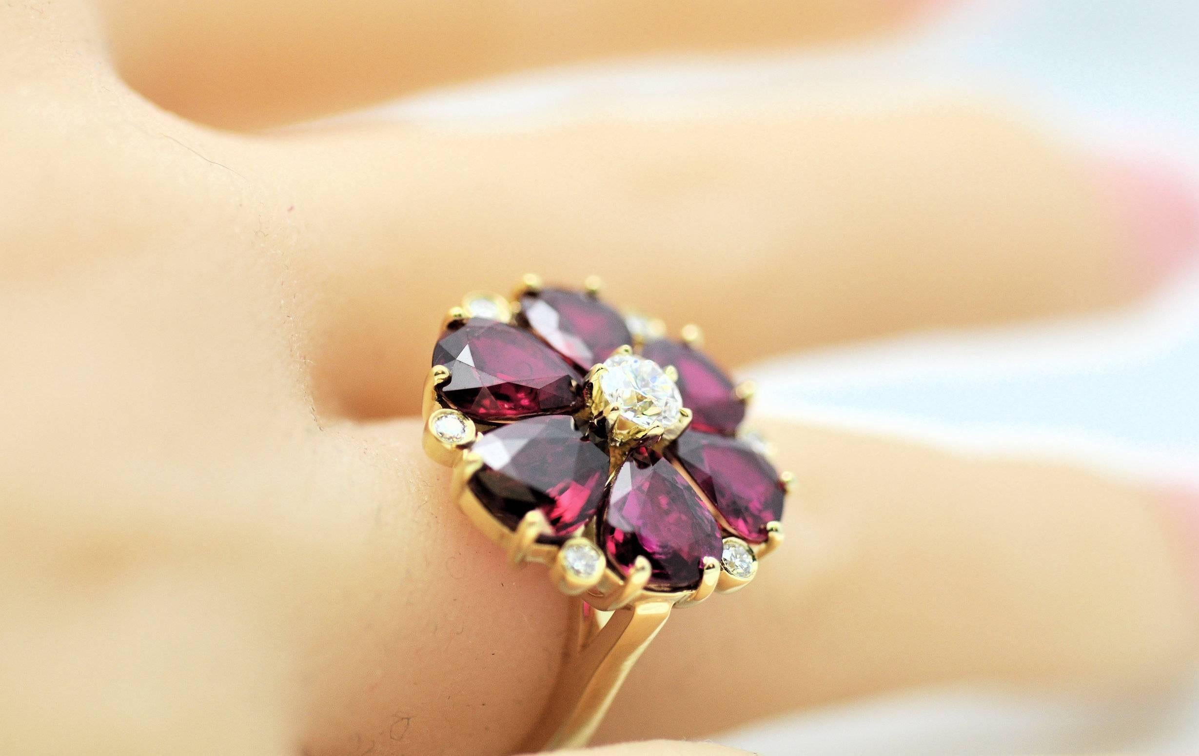 Pear Cut Fine Floral Ruby and Diamond Ring, 7.52 Carat in Rubies