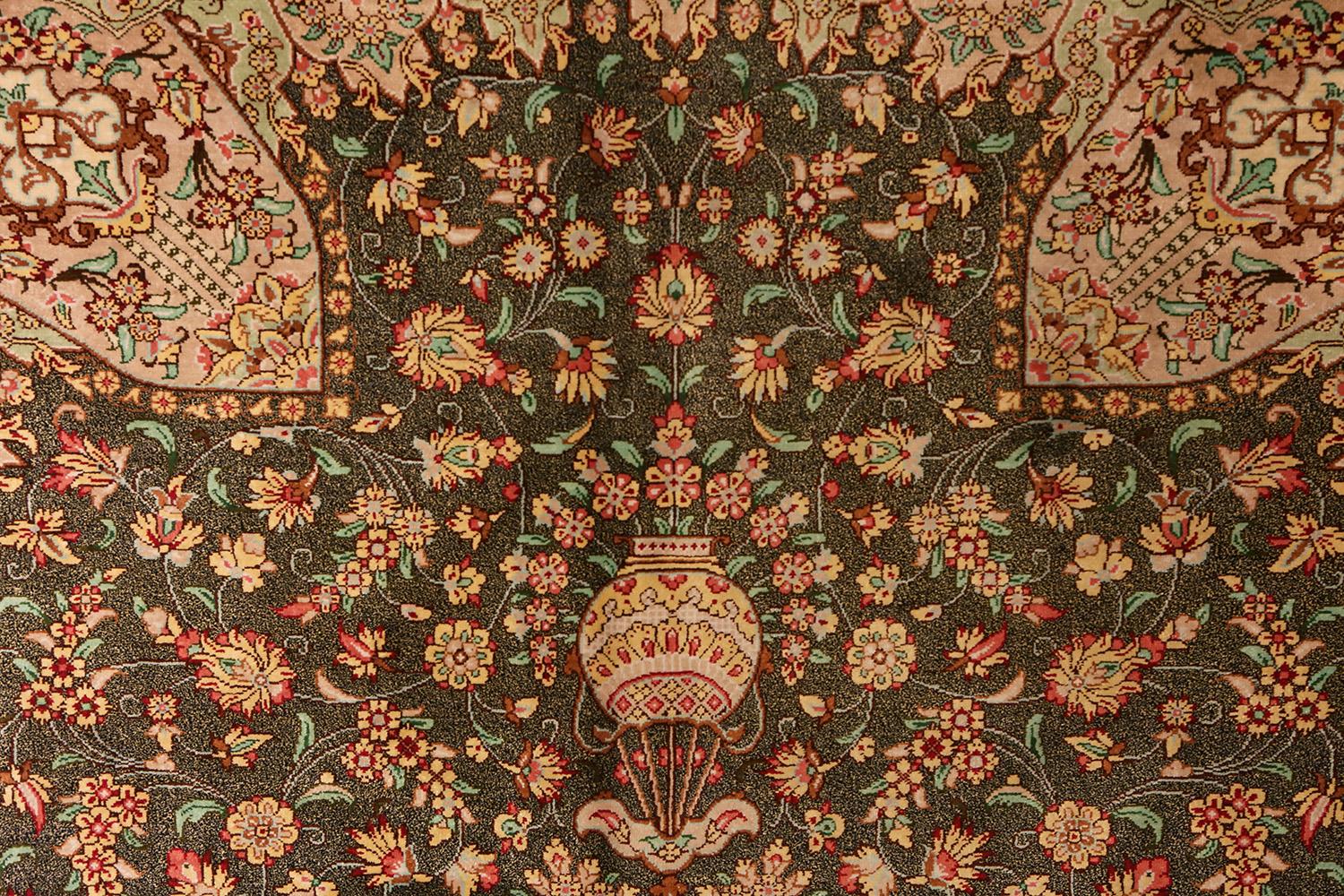 Hand-Knotted Fine Floral Silk Vintage Persian Qum Rug 4'4