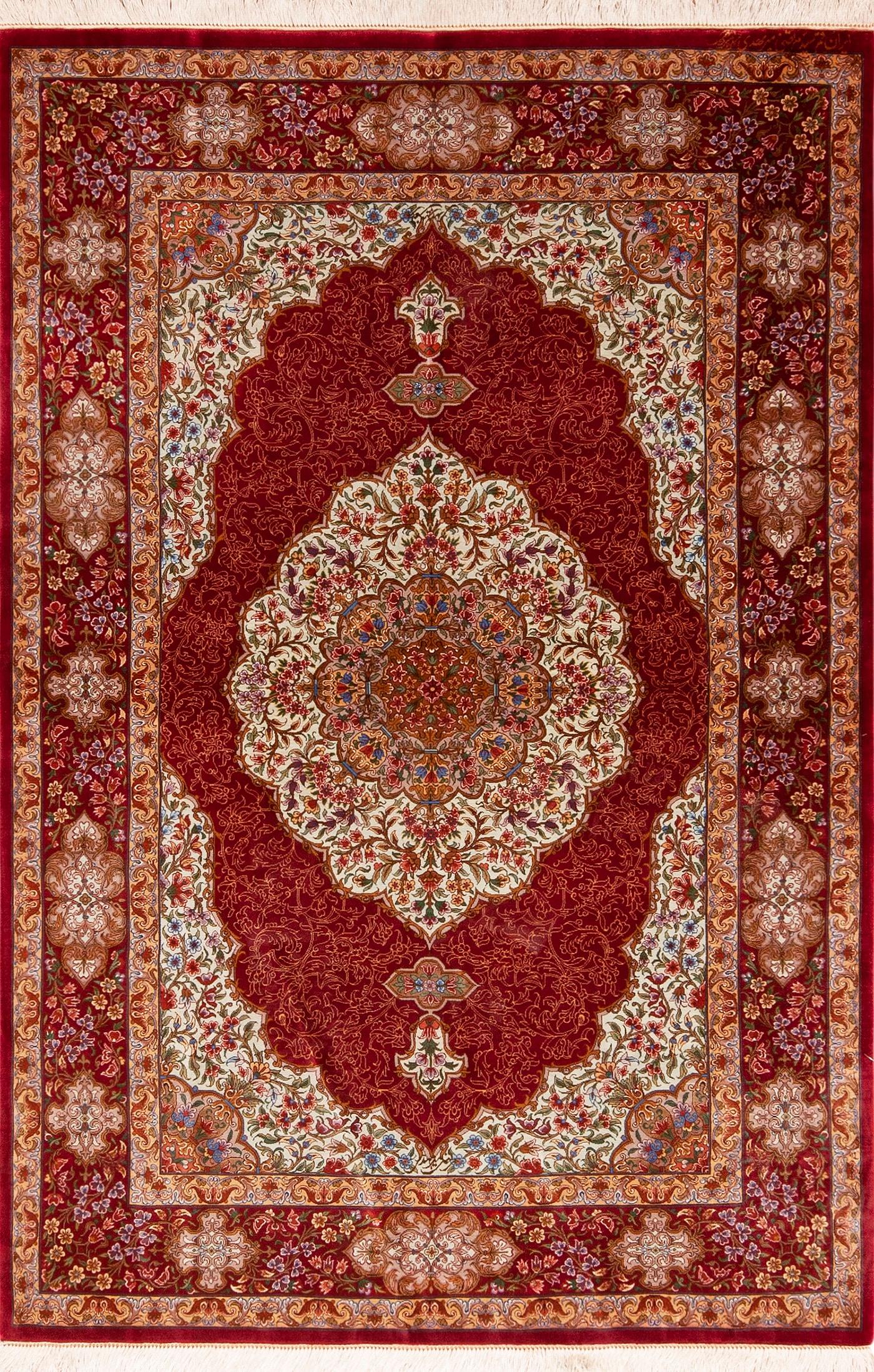 Hand-Knotted Fine Floral Small Luxurious Vintage Persian Silk Qum Rug 3'3