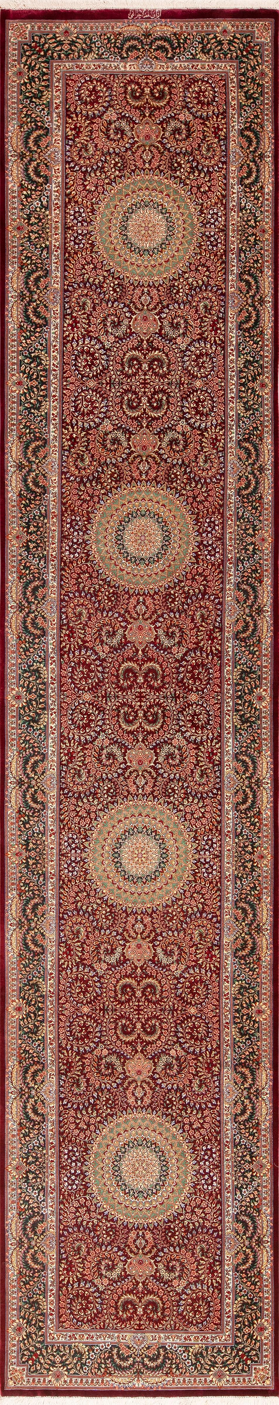 Stunning Fine Floral Vintage Persian Gonbad Design Silk Qum Luxury Hallway Runner Rug, country of origin: Persian Rugs, Circa date: Vintage