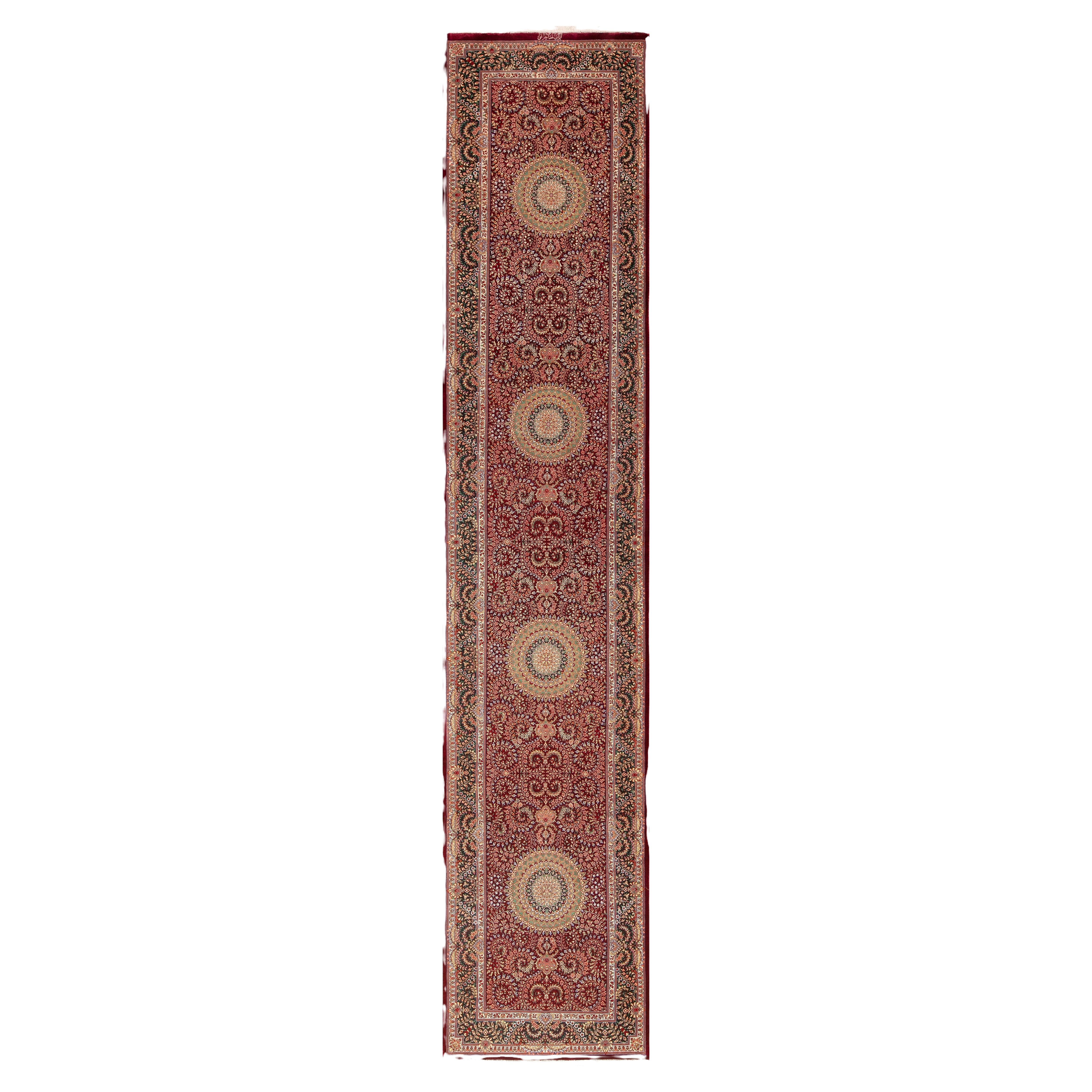 Fine Floral Vintage Persian Gonbad Silk Qum Luxury Runner Rug 2'8" x 13' For Sale