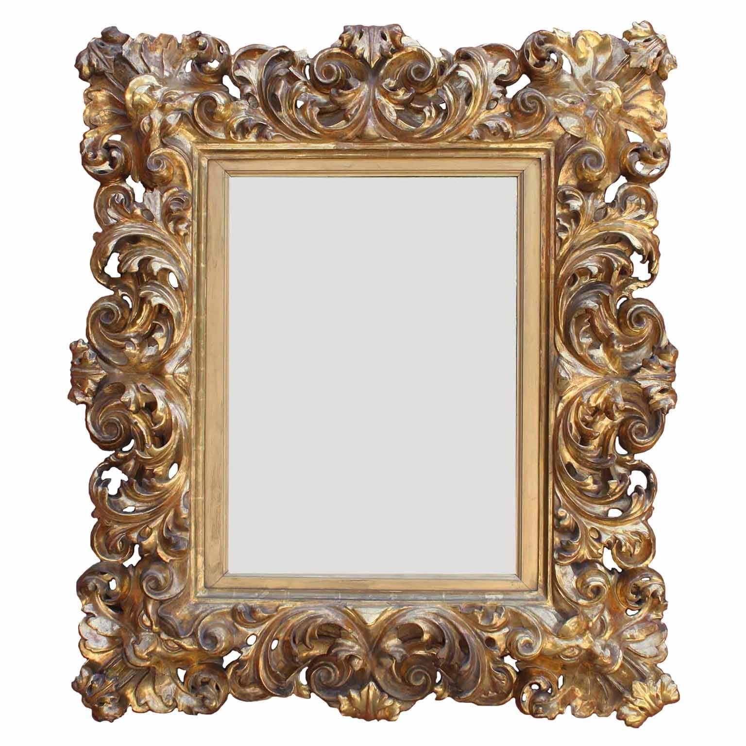 Fine Florentine 19th Century Baroque Style Giltwood Carved Figural Mirror Frame