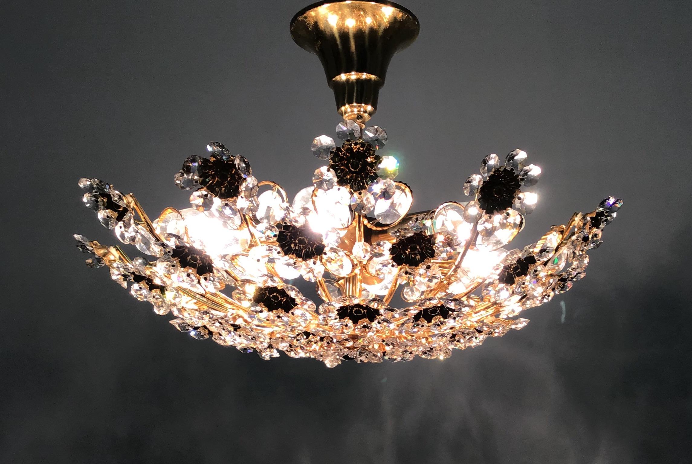 Mid-Century Modern Lovely Bouquet Gilt Brass and Crystal Flush Mount by Palwa, Germany, circa 1960s For Sale