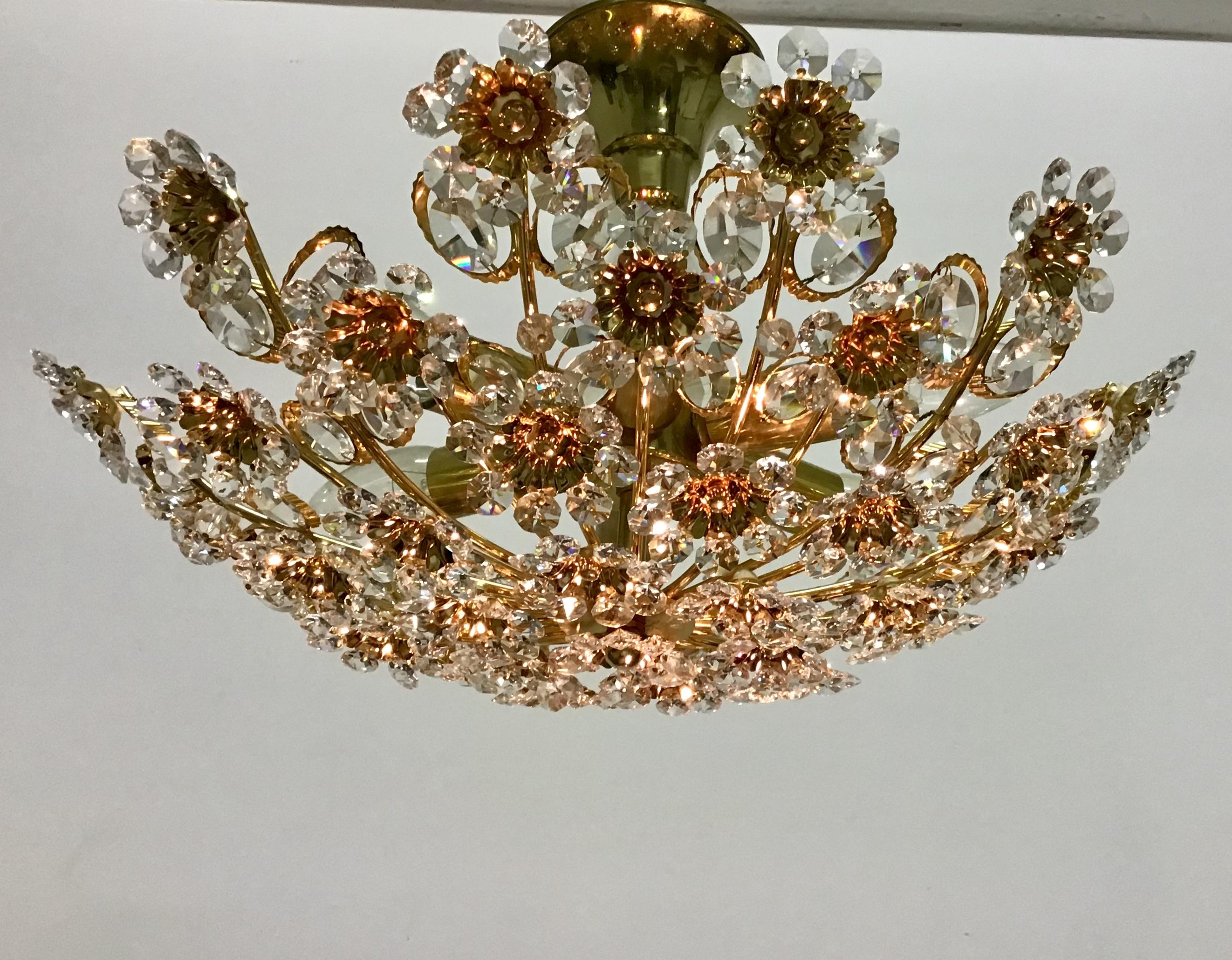Mid-20th Century Lovely Bouquet Gilt Brass and Crystal Flush Mount by Palwa, Germany, circa 1960s For Sale