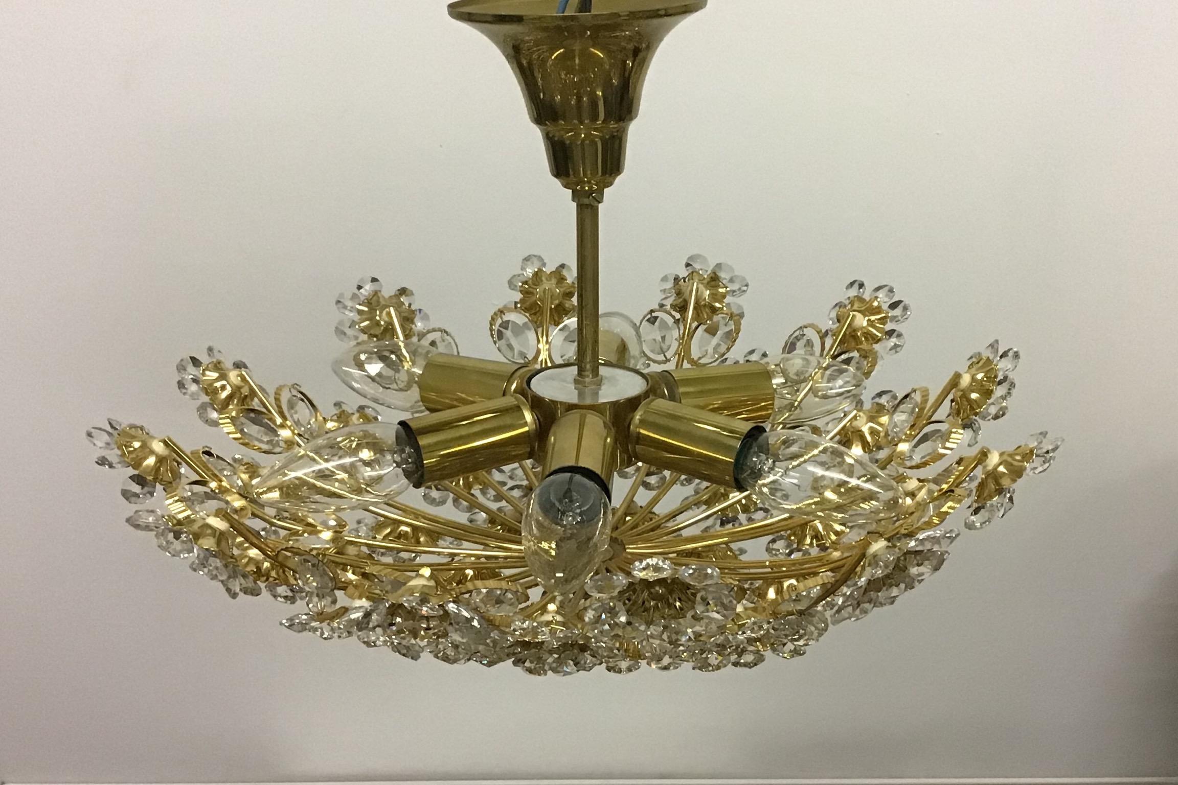 Lovely Bouquet Gilt Brass and Crystal Flush Mount by Palwa, Germany, circa 1960s For Sale 1