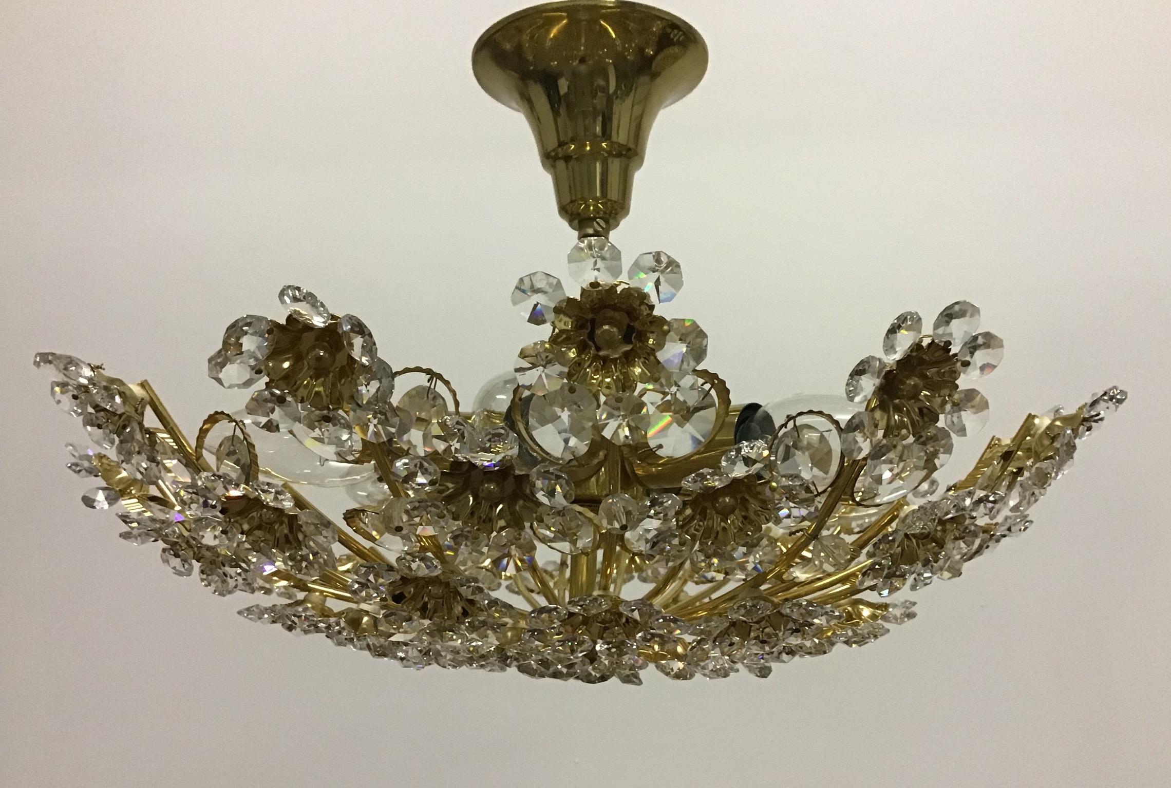 Lovely Bouquet Gilt Brass and Crystal Flush Mount by Palwa, Germany, circa 1960s For Sale 2