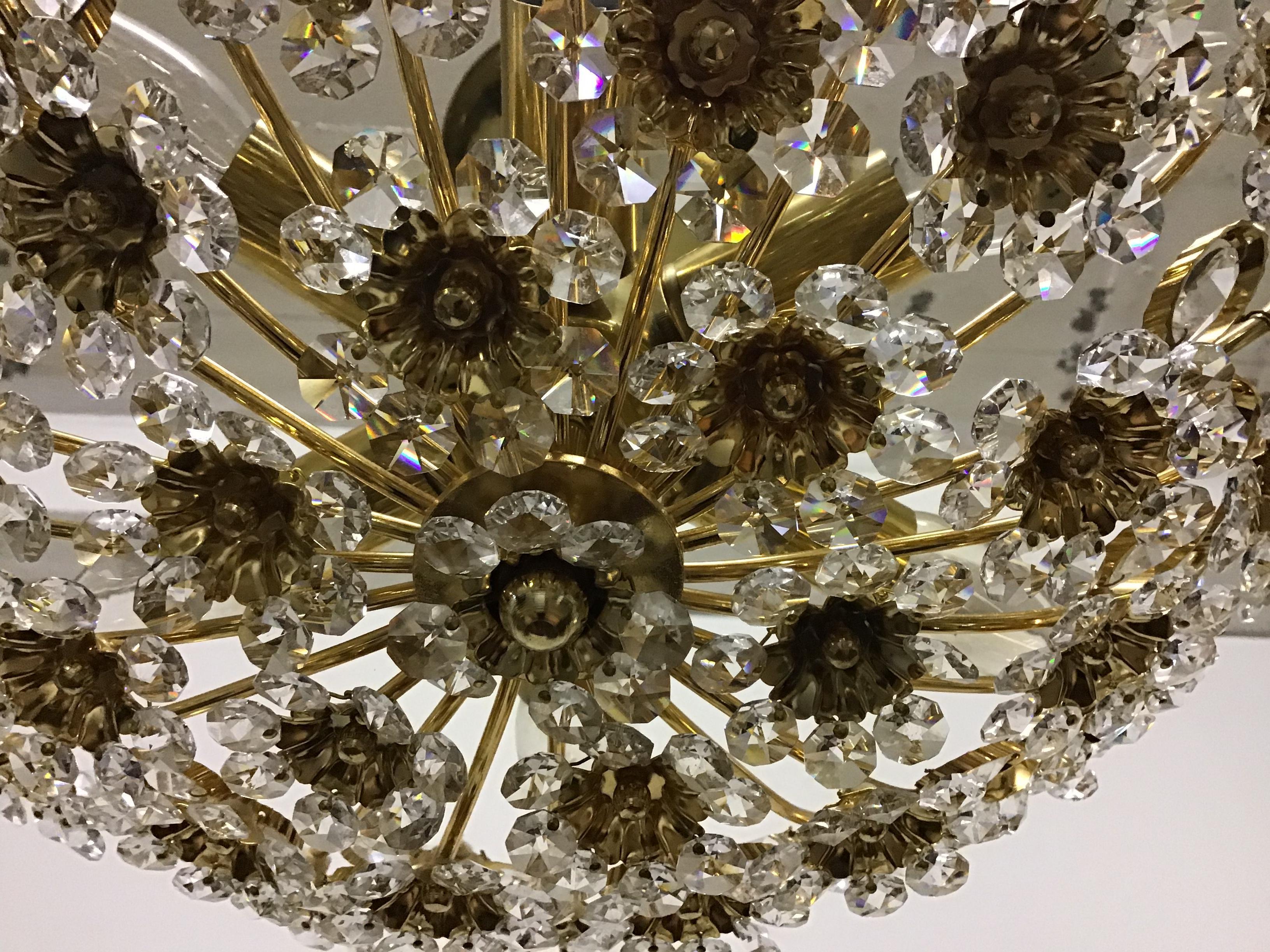 Lovely Bouquet Gilt Brass and Crystal Flush Mount by Palwa, Germany, circa 1960s For Sale 3