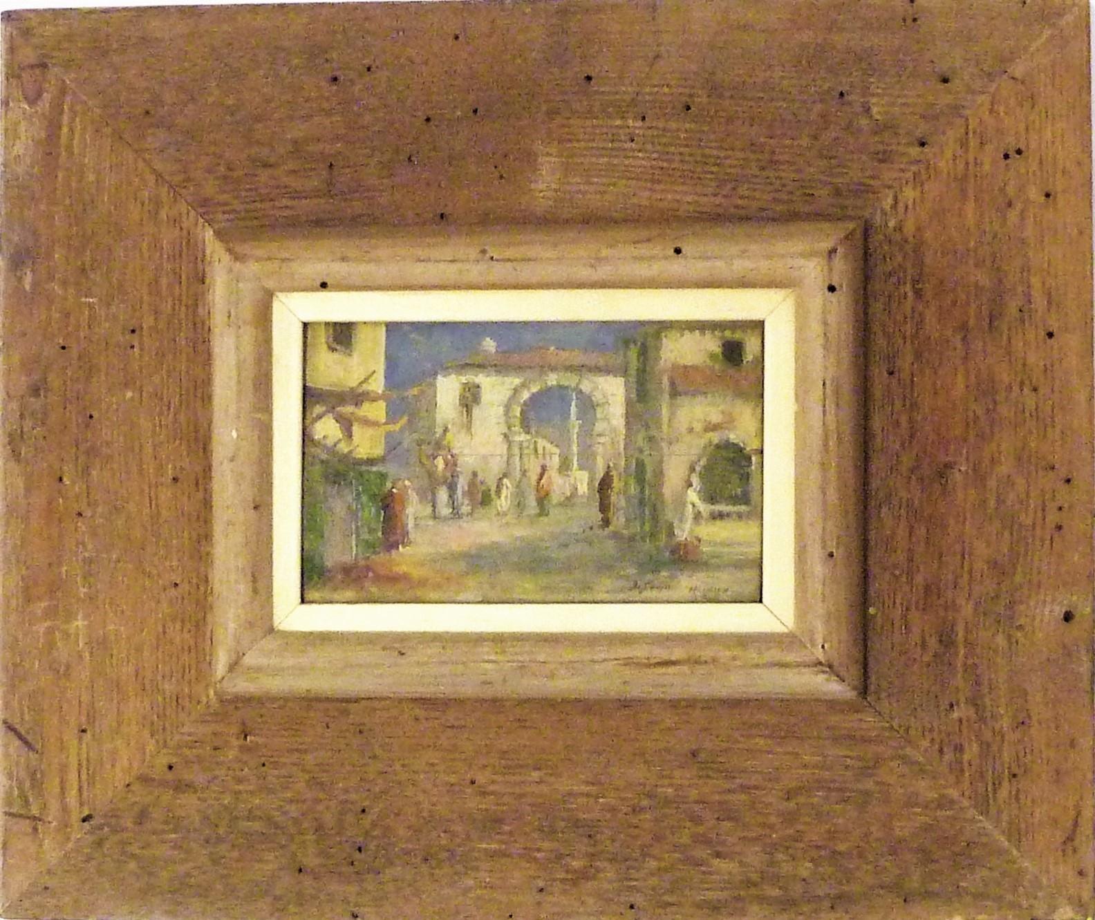 Fine Framed 1930s Orientalist Painting on Board of Marrakech Street Scene 2
