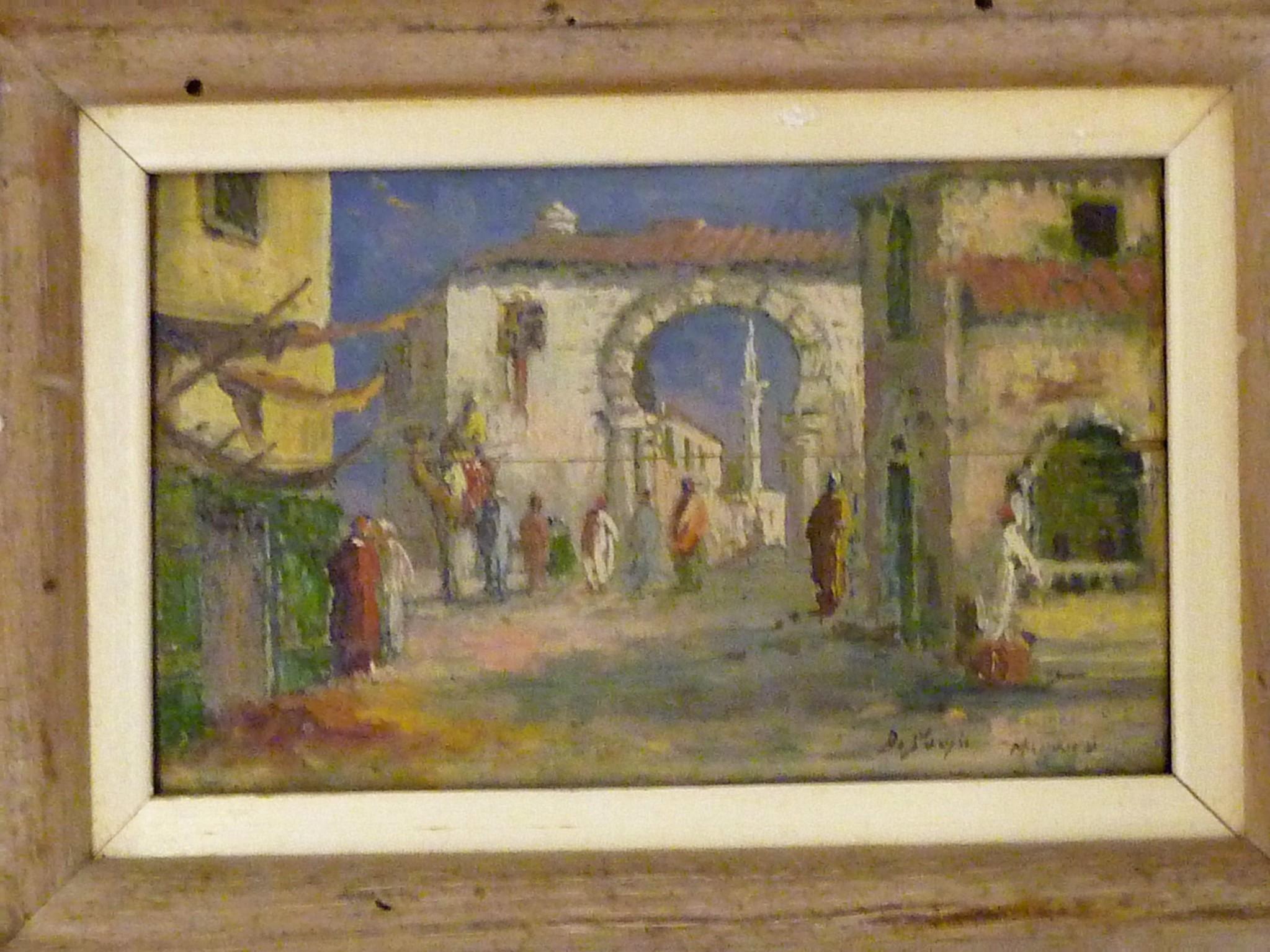 Moorish Fine Framed 1930s Orientalist Painting on Board of Marrakech Street Scene