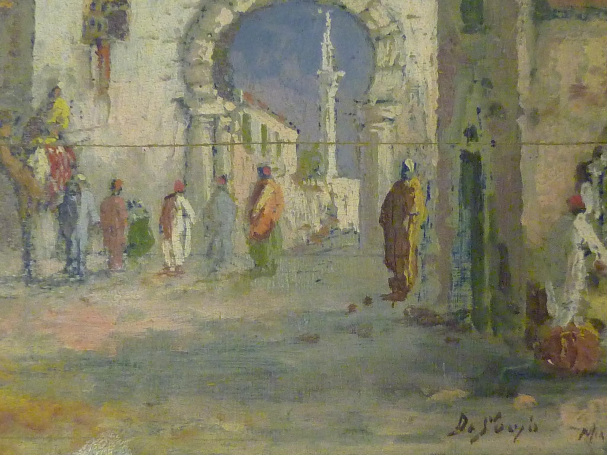 Moroccan Fine Framed 1930s Orientalist Painting on Board of Marrakech Street Scene