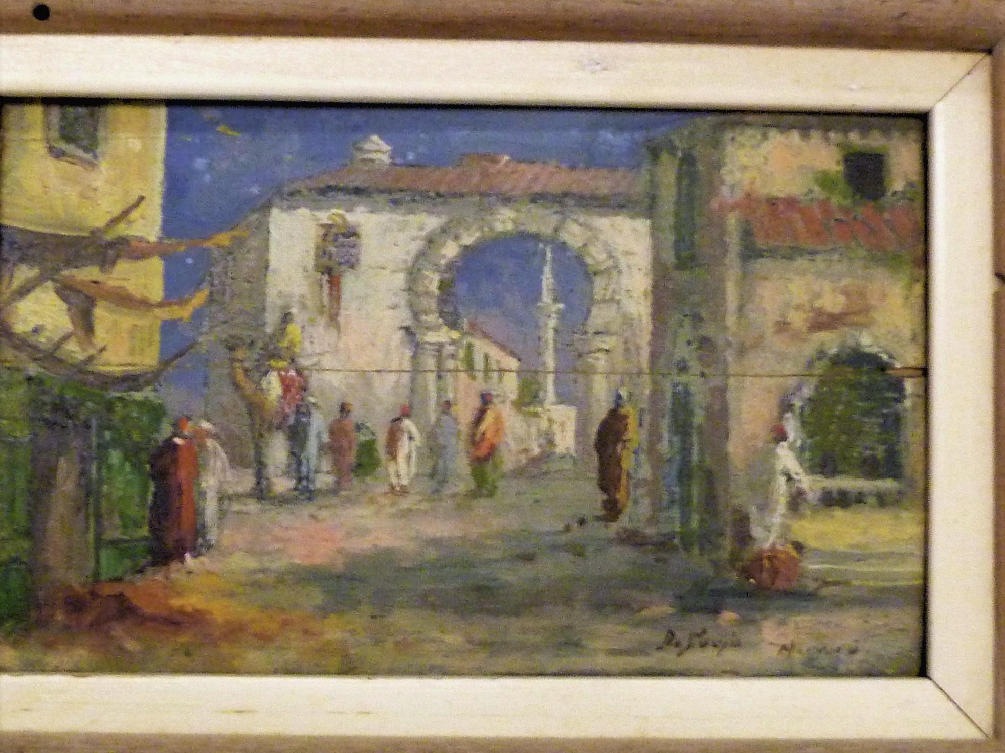 Hand-Painted Fine Framed 1930s Orientalist Painting on Board of Marrakech Street Scene
