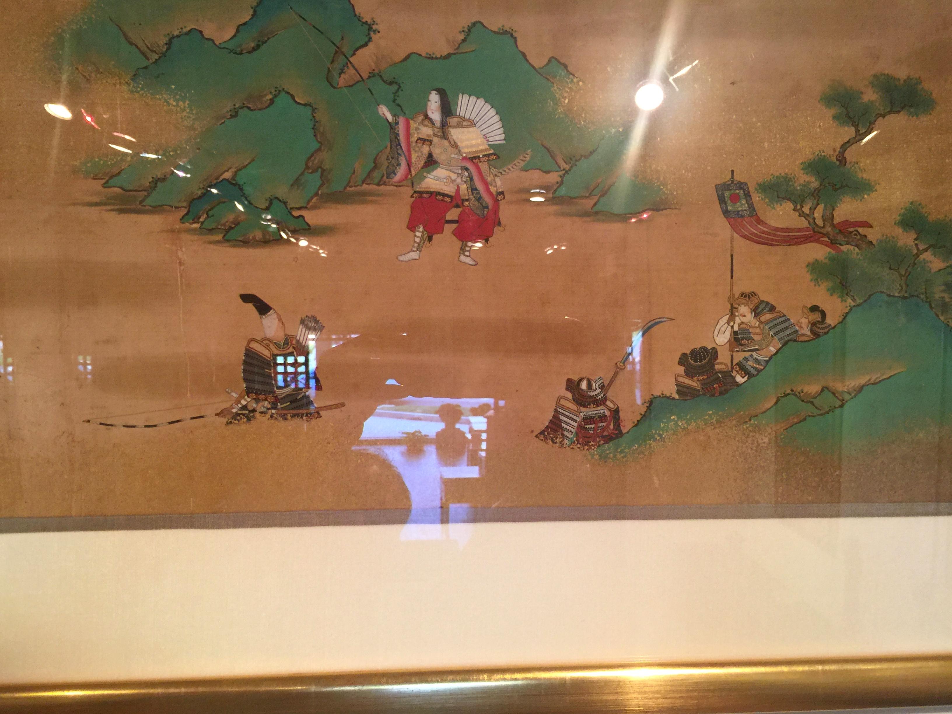 Soie Peinture japonaise encadrée de Samurais et archers en vente