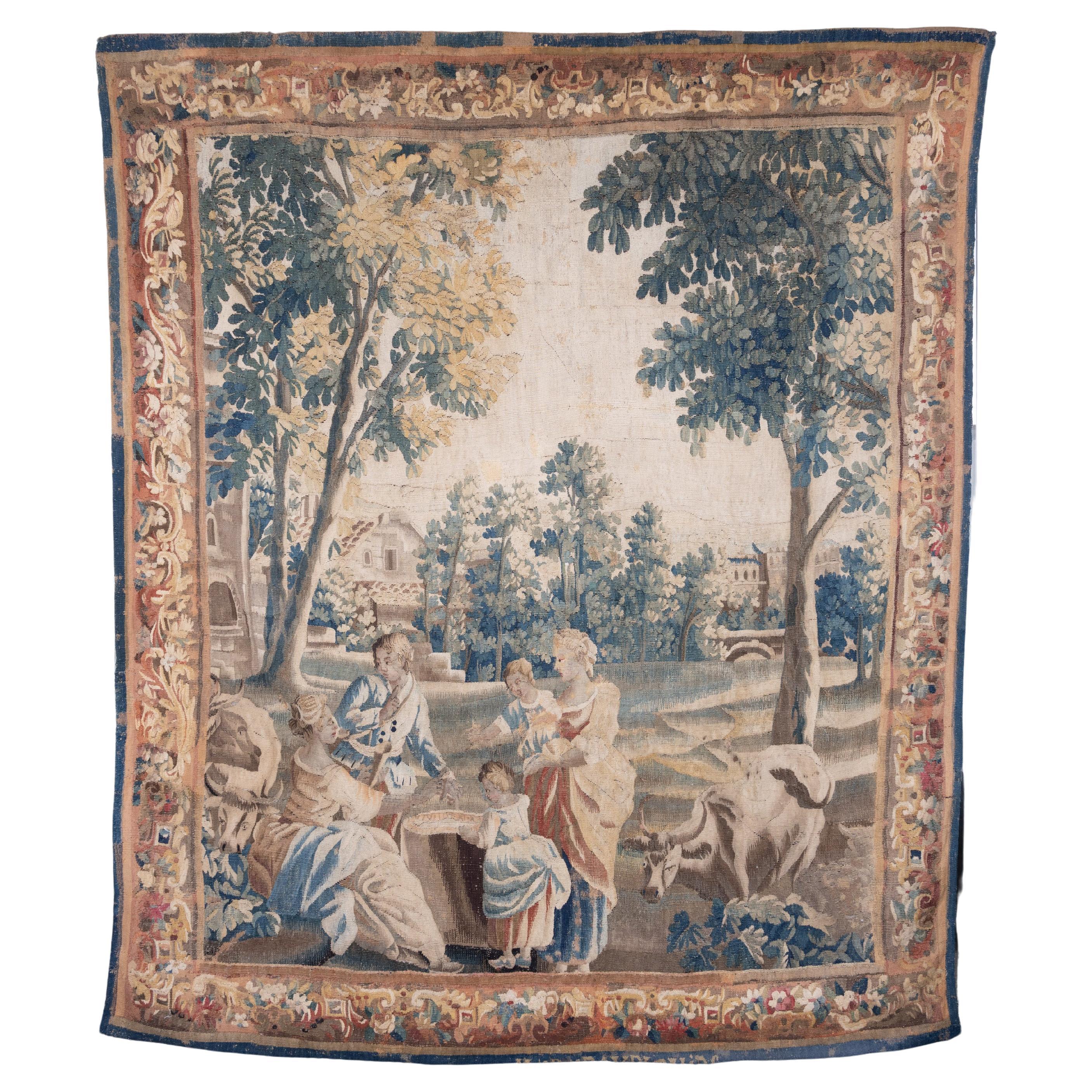 Fine French 18th Century Aubusson Tapestry Depicting Country Family