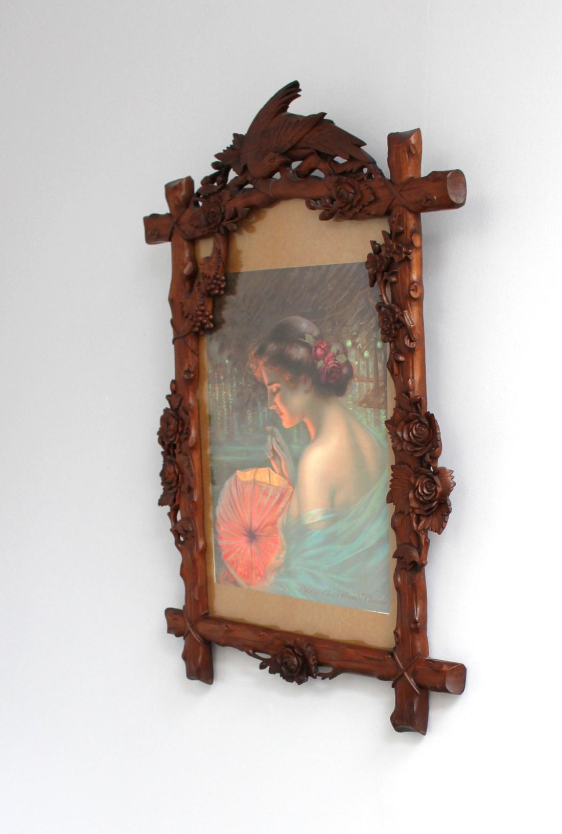 Art Deco Fine French 1900s Hand Carved Frame with an Original Print For Sale