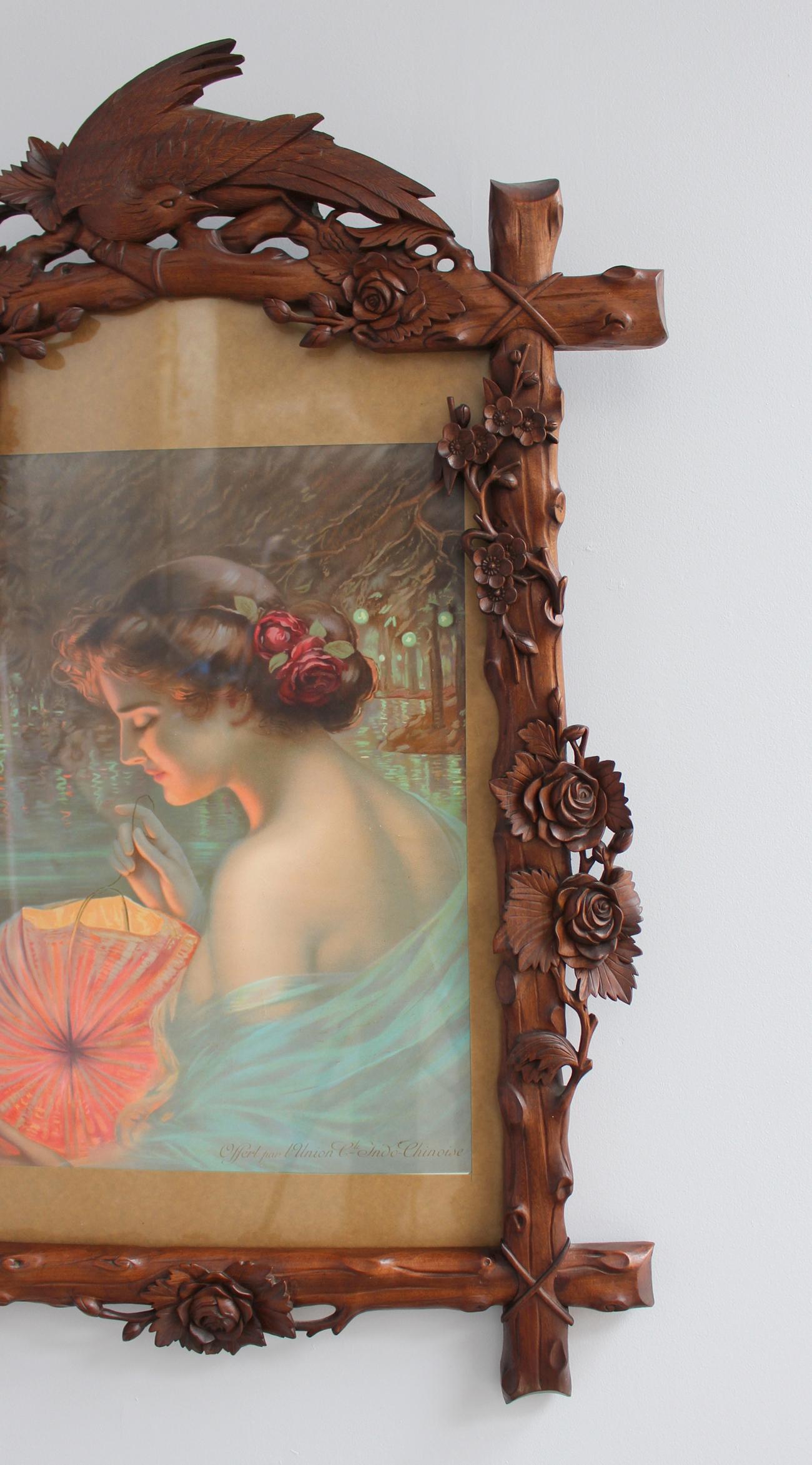 Hand-Carved Fine French 1900s Hand Carved Frame with an Original Print For Sale
