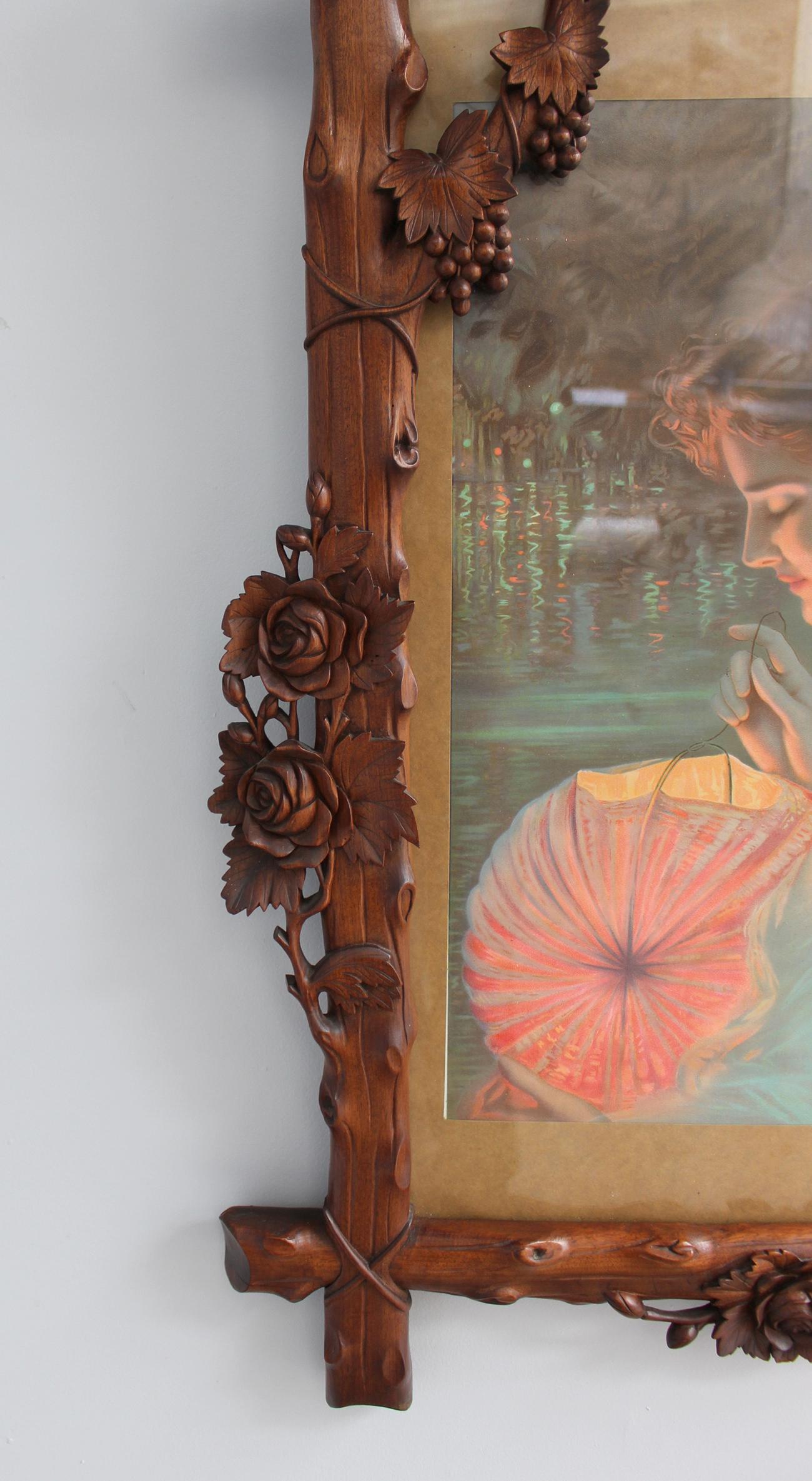 Early 20th Century Fine French 1900s Hand Carved Frame with an Original Print For Sale