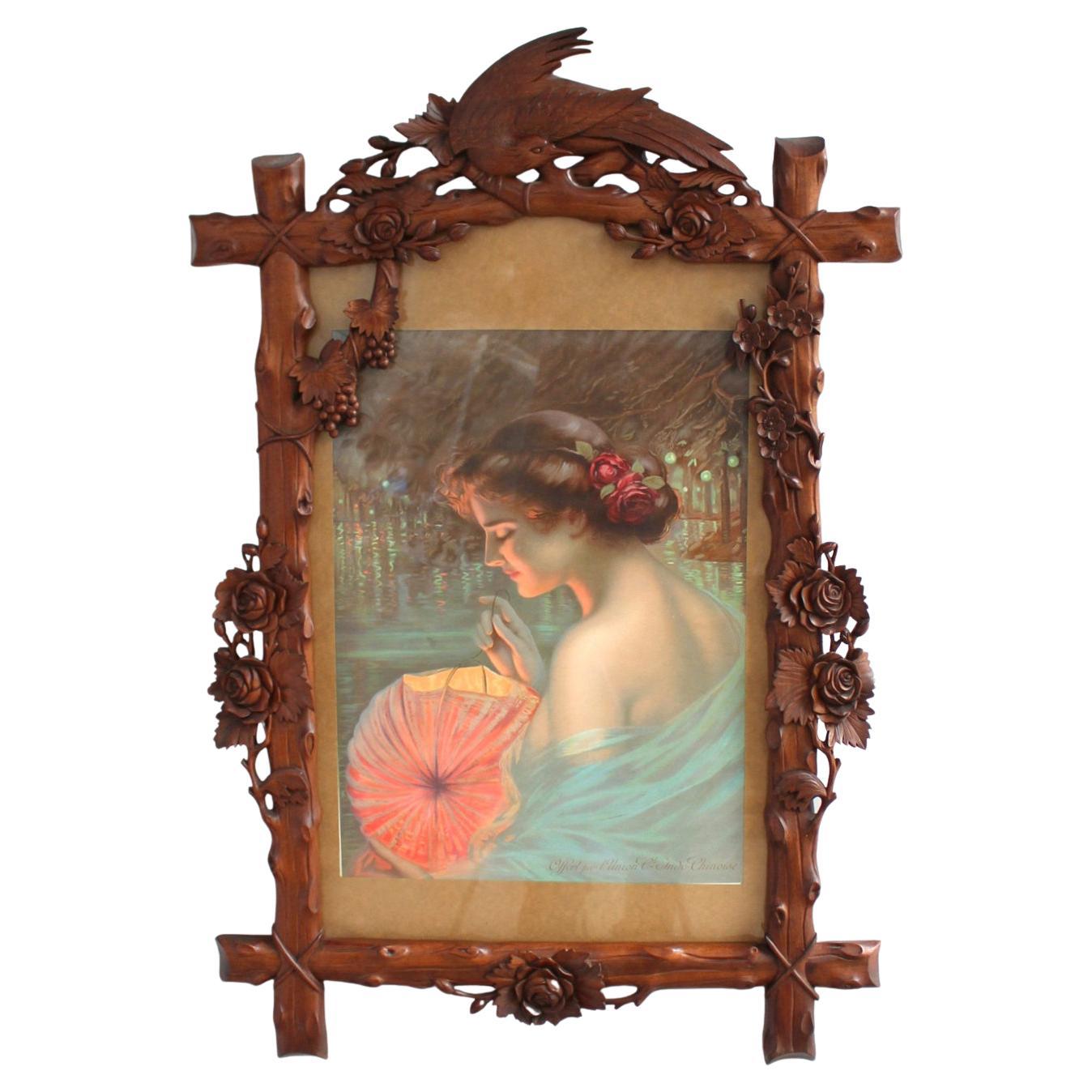 Fine French 1900s Hand Carved Frame with an Original Print