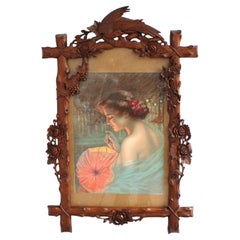 Vintage Fine French 1900s Hand Carved Frame with an Original Print