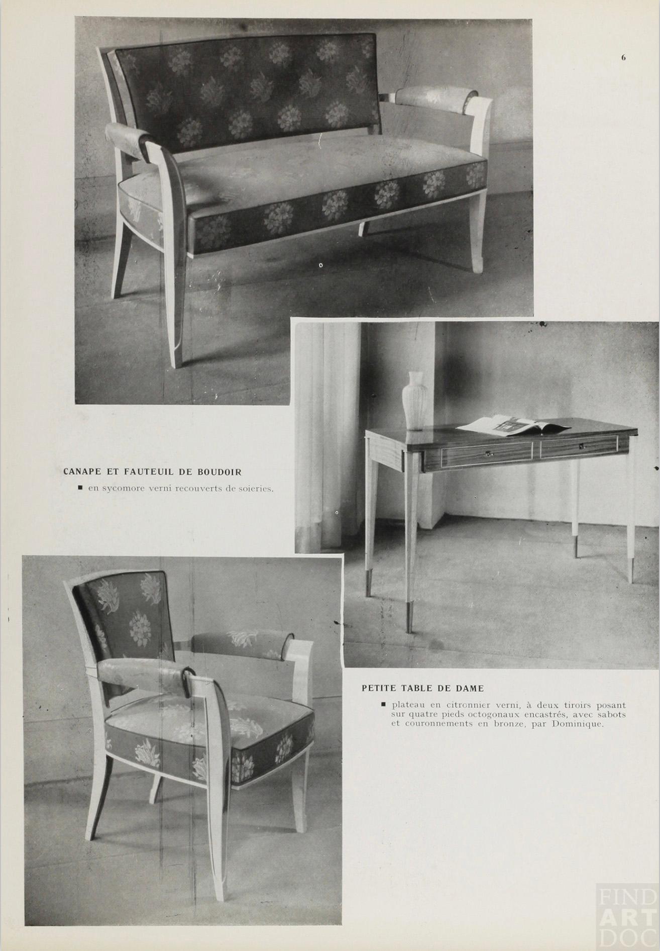 André DOMIN (1883-1962) et Marcel GENEVRIERE (1885-1967)
Maison DOMINIQUE - Très bel ensemble de salon Art Déco en noyer massif, comprenant un canapé, quatre fauteuils et deux chaises d'appoint.

Canapé - H : 33 7/8