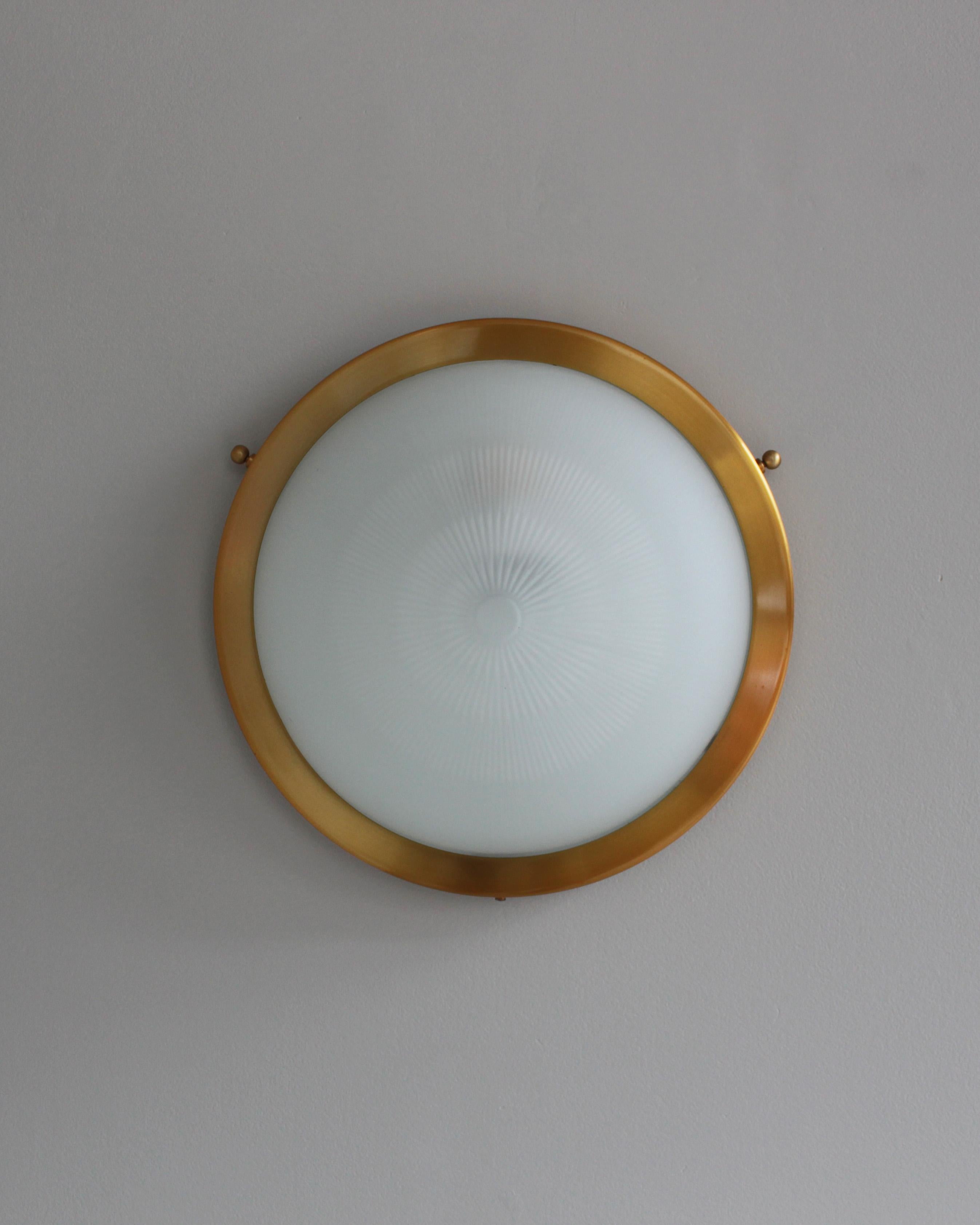 Fine French 1950s Glass and Brass Flush Mount/ Sconce by Jean Perzel For Sale 5