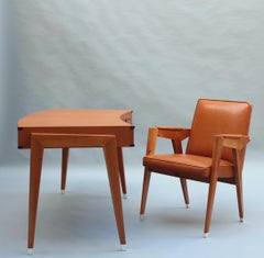 Fine French 1950s Leather Covered Desk and Chairs by Jacques Adnet