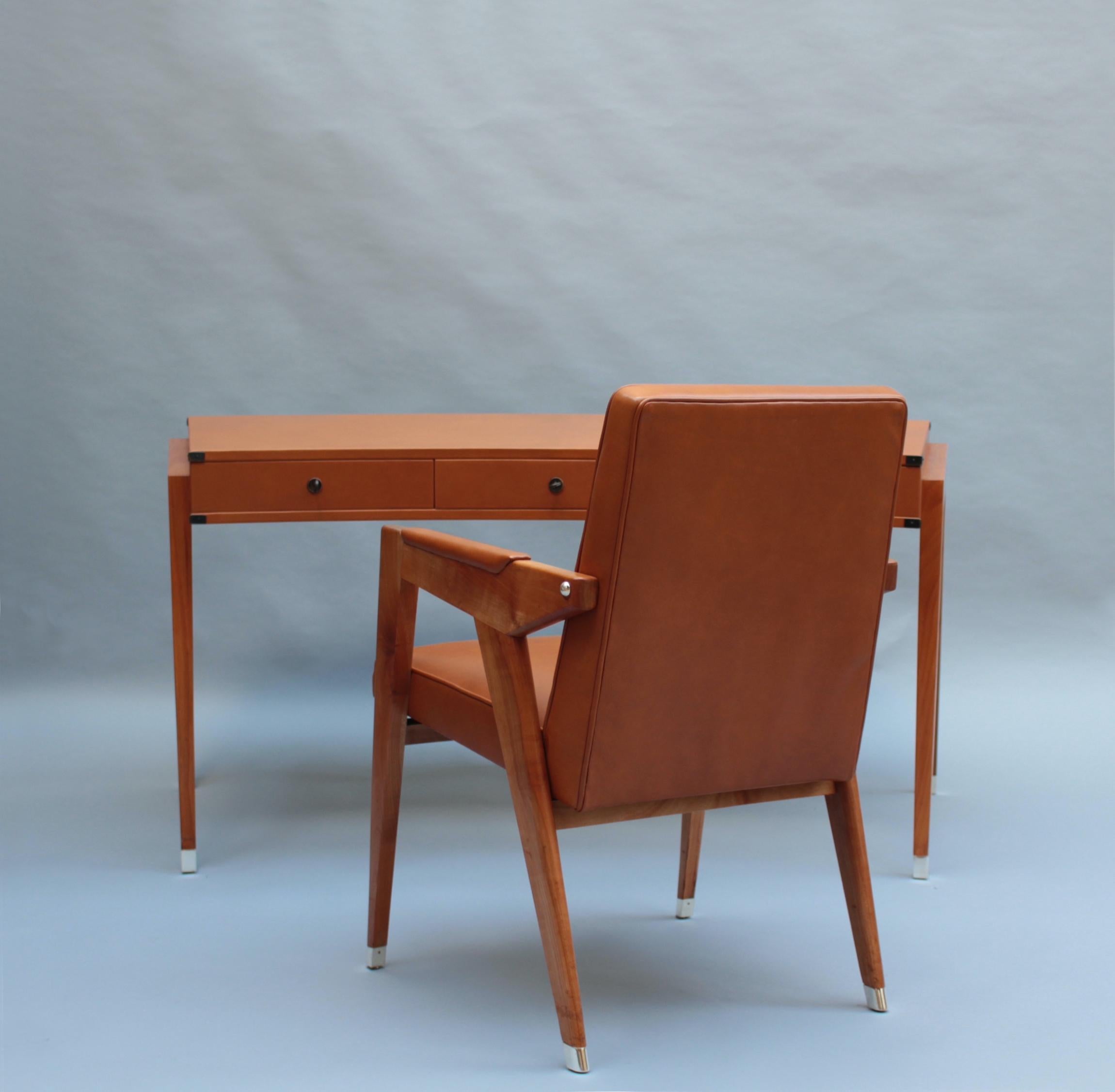 Mid-Century Modern Fine French 1950s Leather Covered Desk and Chairs by Jacques Adnet For Sale