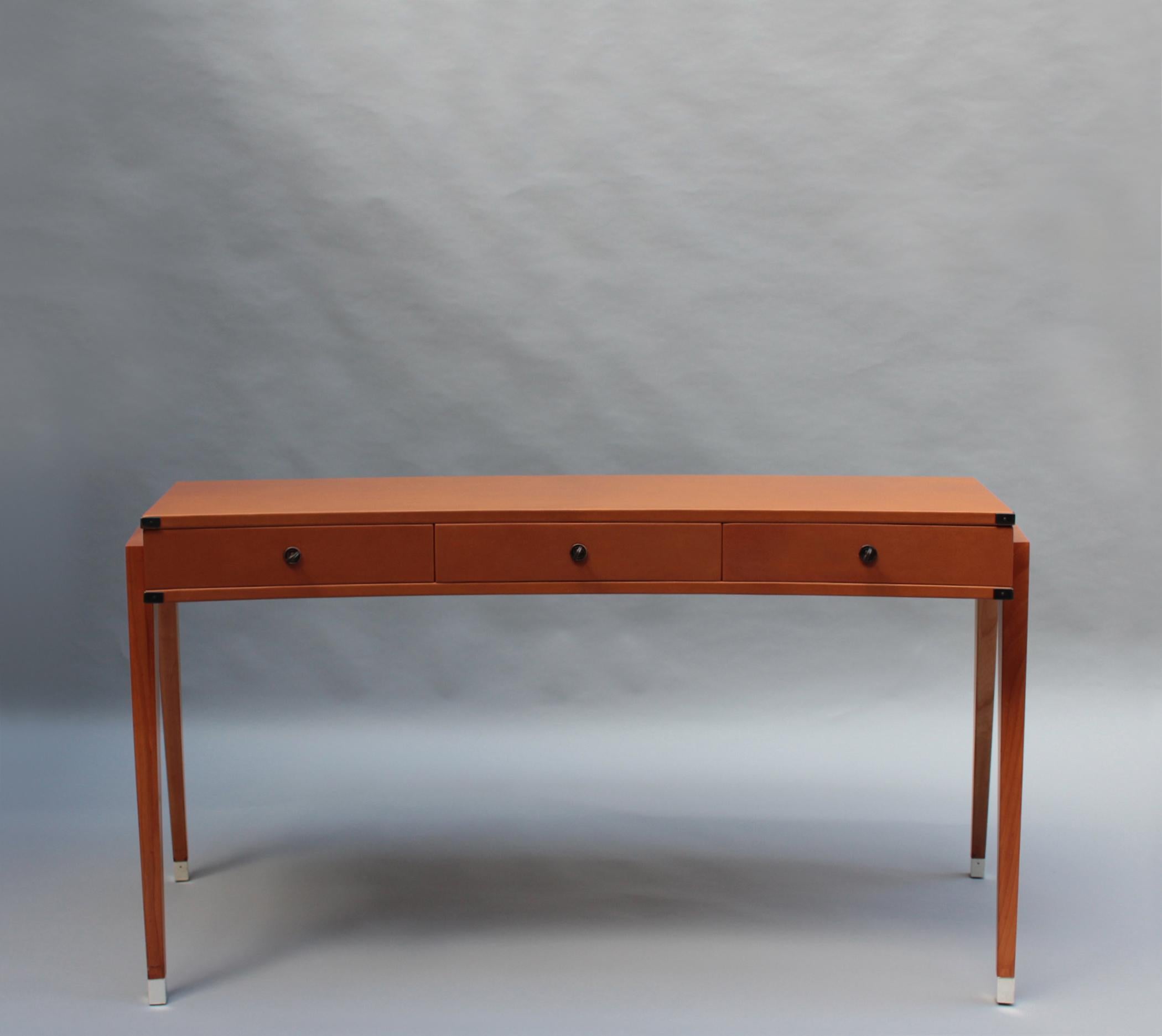 Fine French 1950s Leather Covered Desk and Chairs by Jacques Adnet In Good Condition For Sale In Long Island City, NY