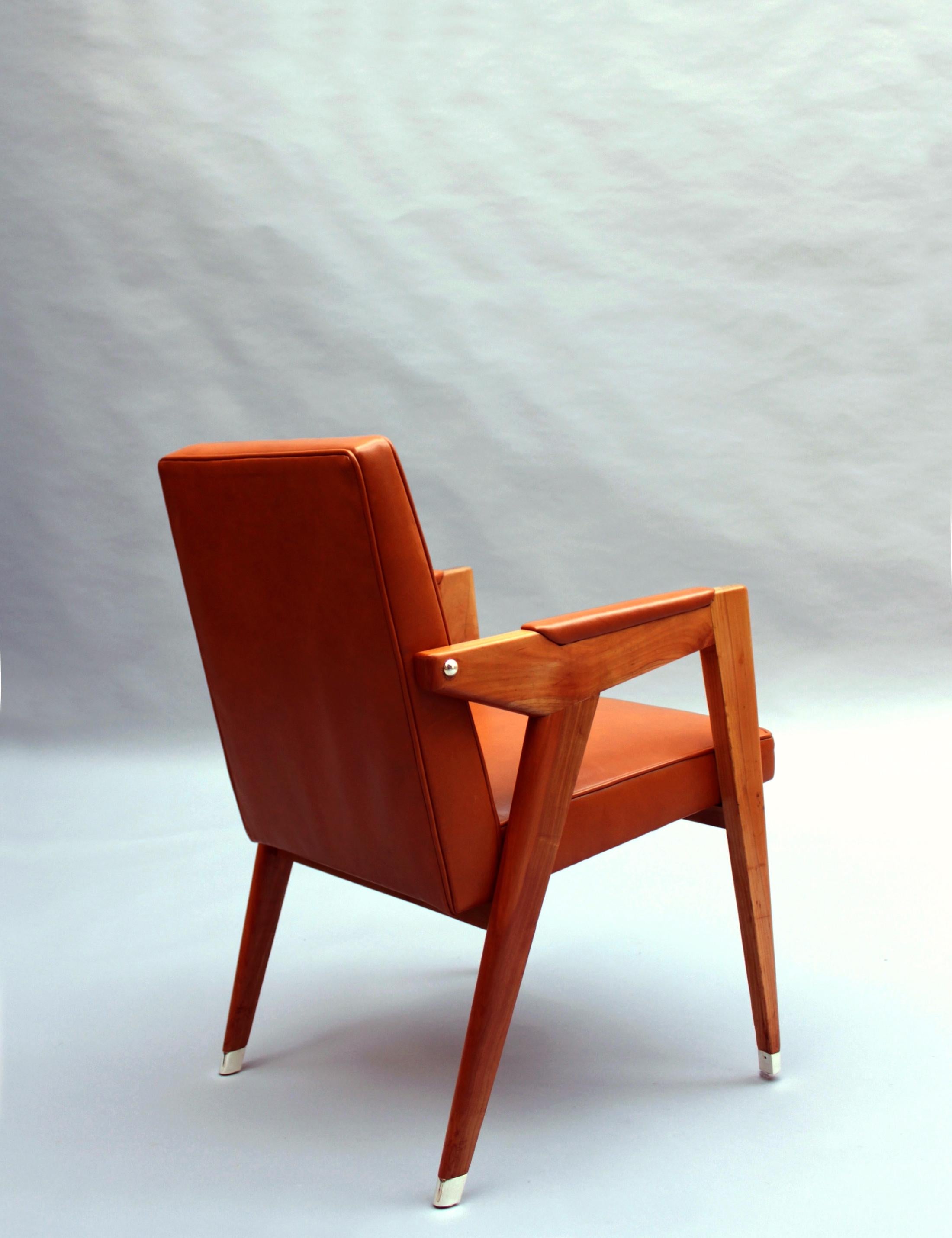 Fine French 1950s Leather Covered Desk and Chairs by Jacques Adnet For Sale 3