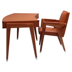 Fine French 1950s Leather Covered Desk and Chairs by Jacques Adnet