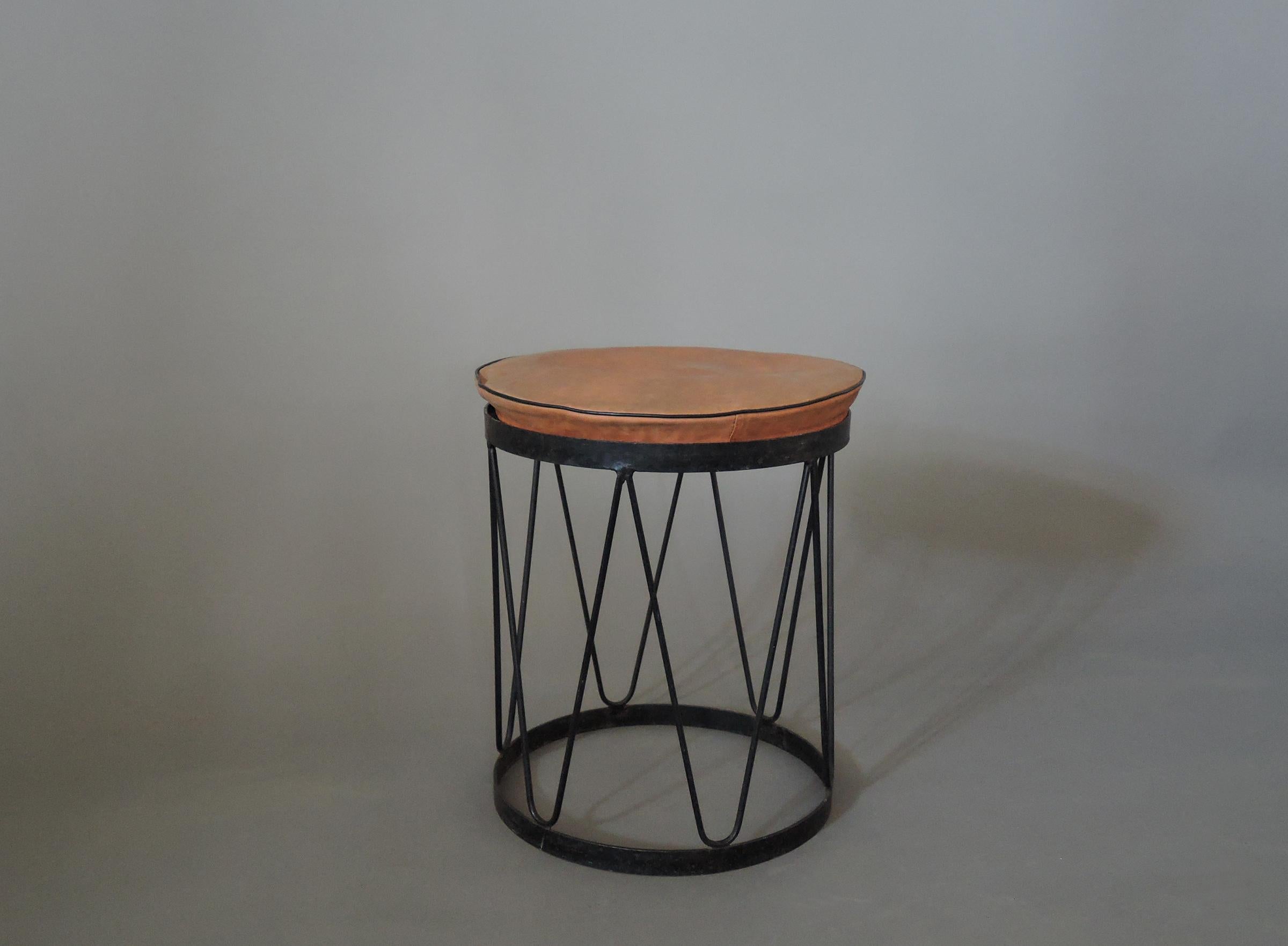 Mid-Century Modern Fine French 1950s Metal and Leather Stool For Sale