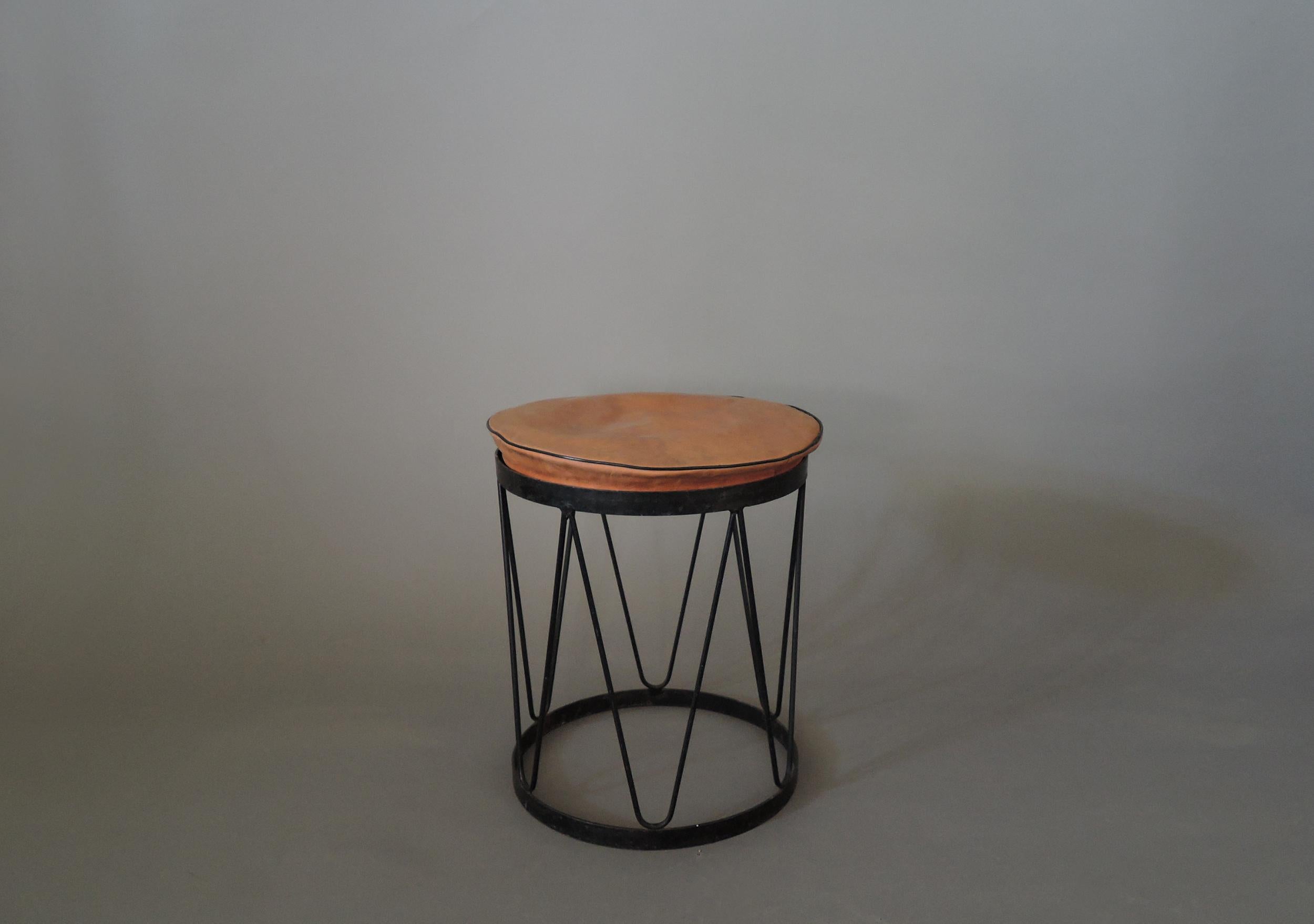 Fine French 1950s Metal and Leather Stool For Sale 1