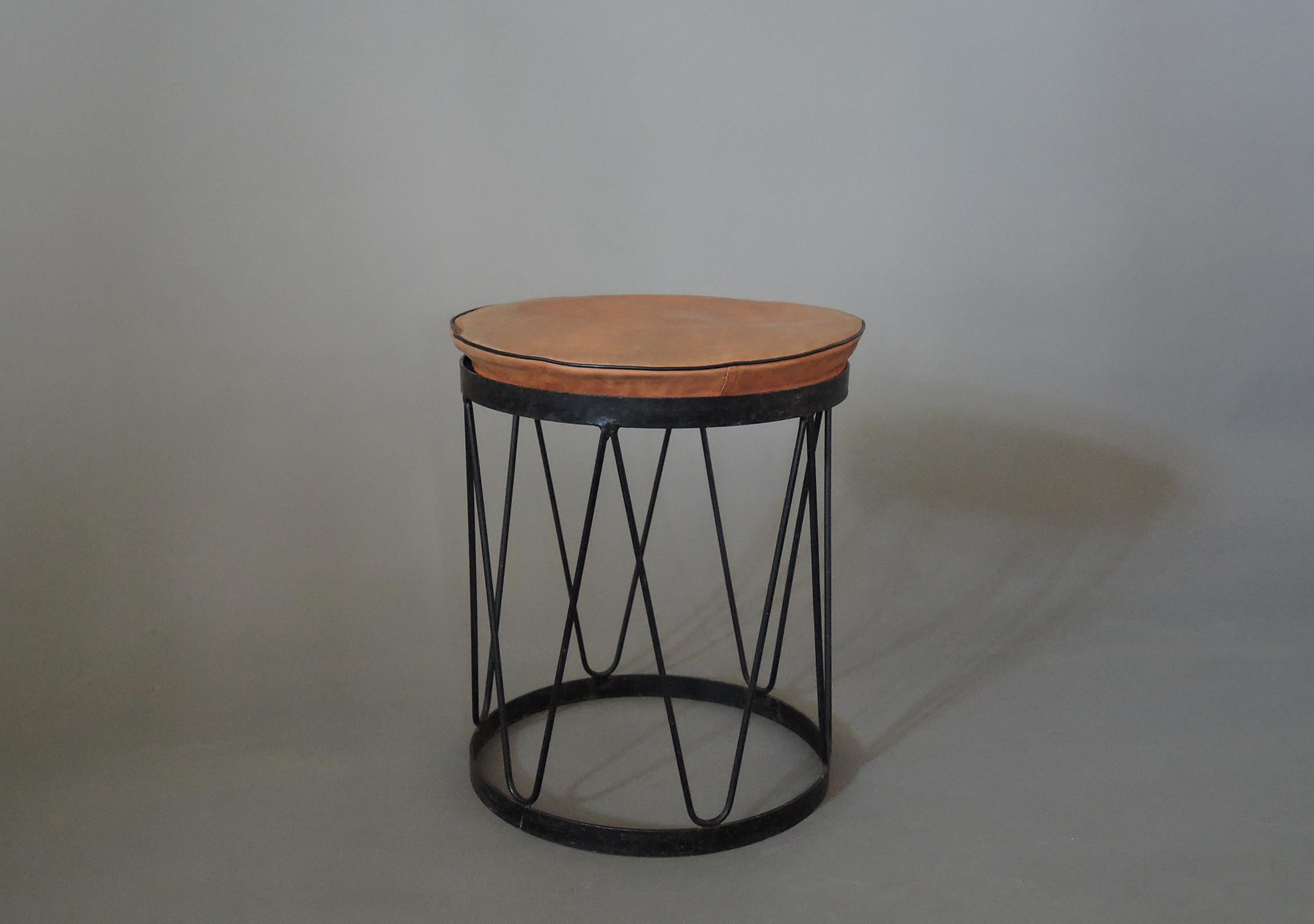 Fine French 1950s Metal and Leather Stool For Sale 3