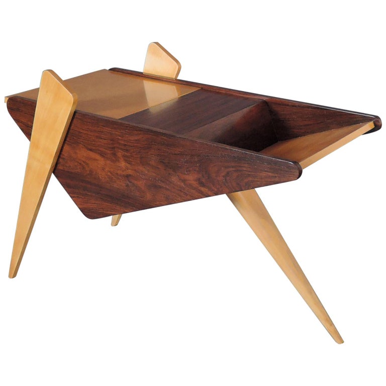 Fine French 1950s Rosewood and Sycamore Side Table Magazine Holder For