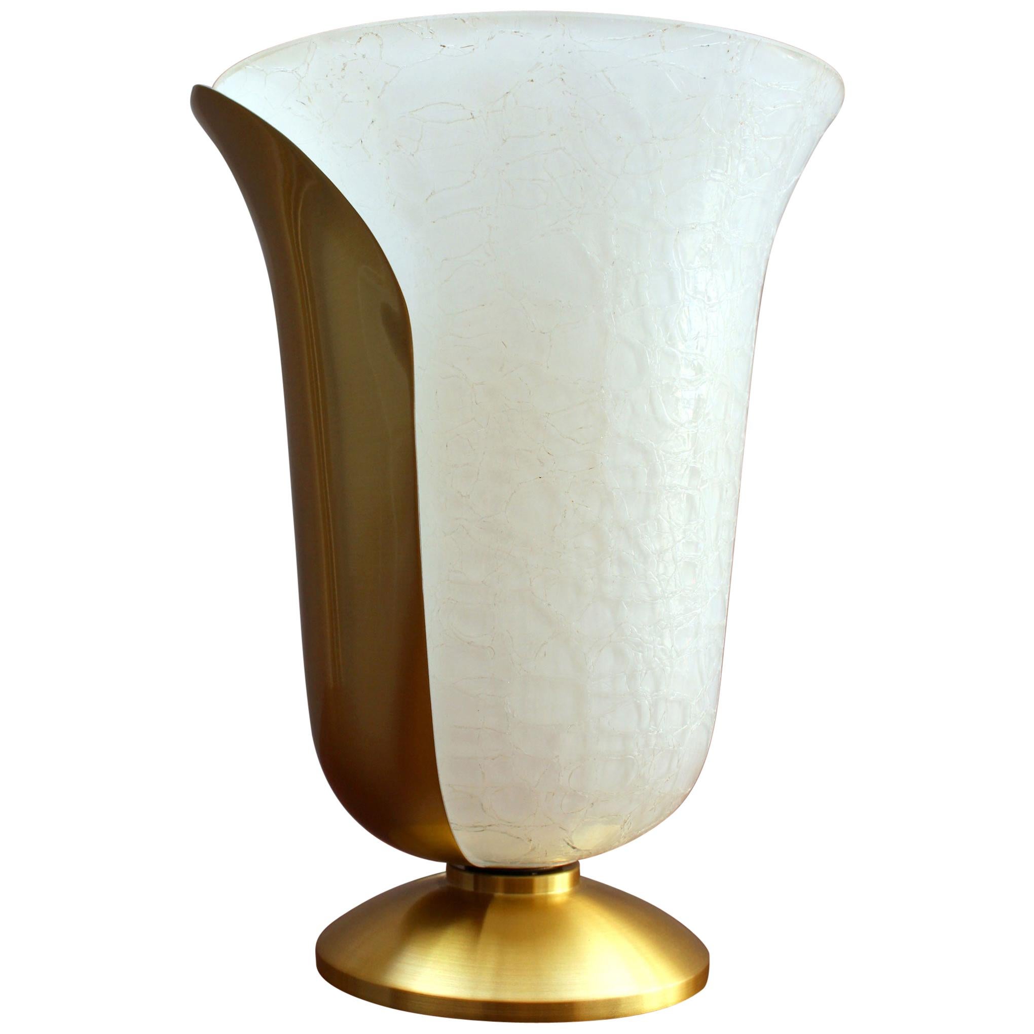 Fine French 1950s Satin Brass and White "Craquelé" Glass by Jean Perzel
