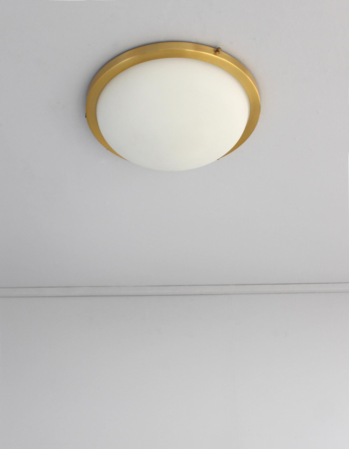 Fine French 1950s White Opaline Glass and Brass Flush Mount by Perzel In Good Condition For Sale In Long Island City, NY