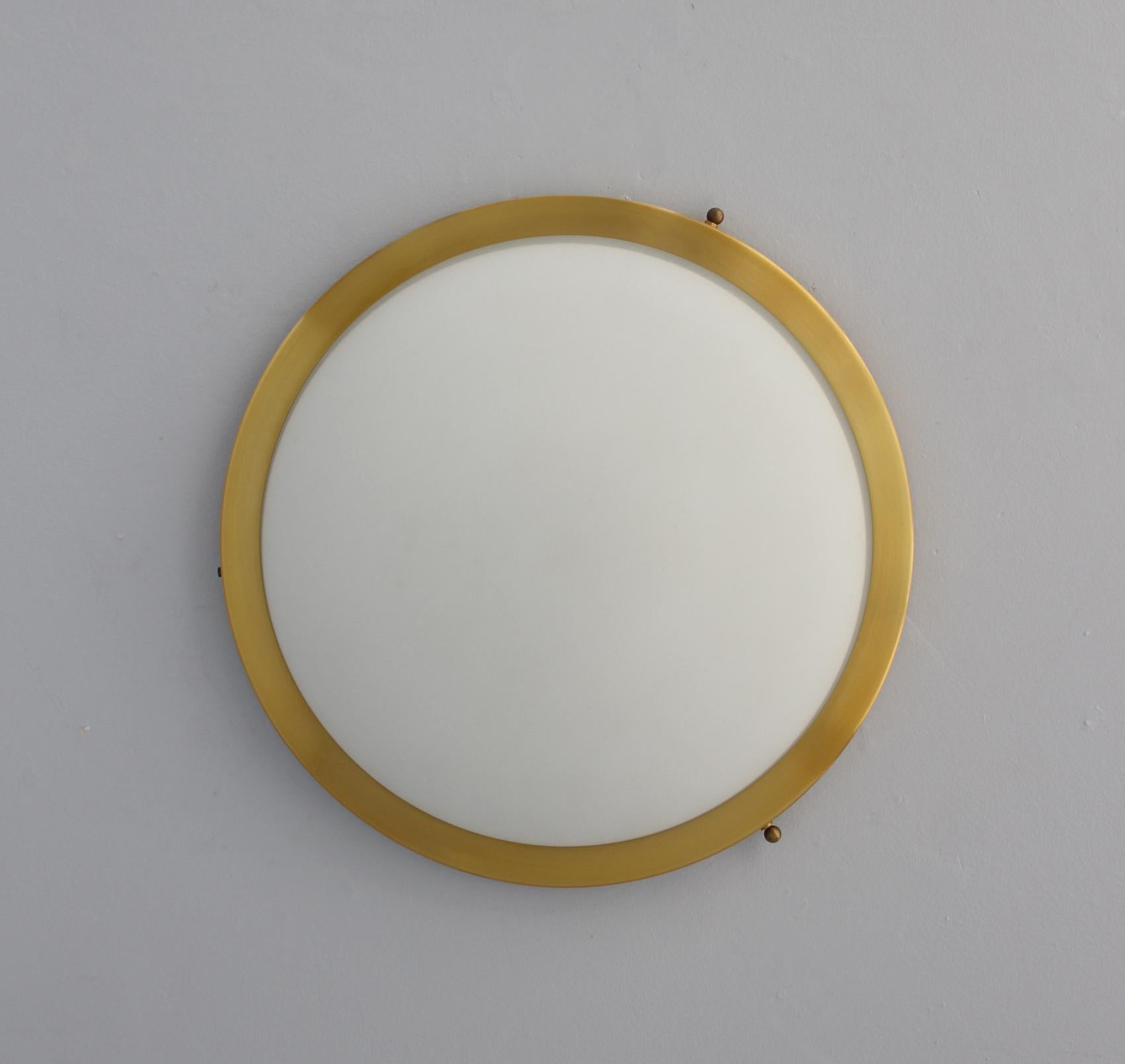 Mid-20th Century Fine French 1950s White Opaline Glass and Brass Flush Mount by Perzel For Sale