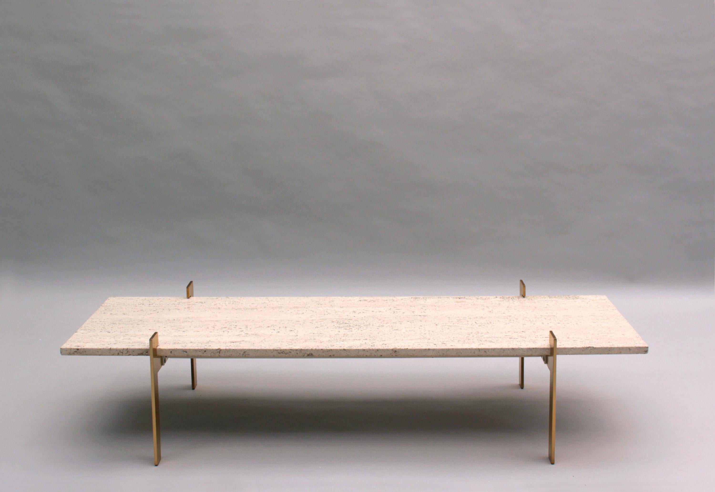 Mid-20th Century Fine French 1960s Brass and Travertine Coffee Table For Sale