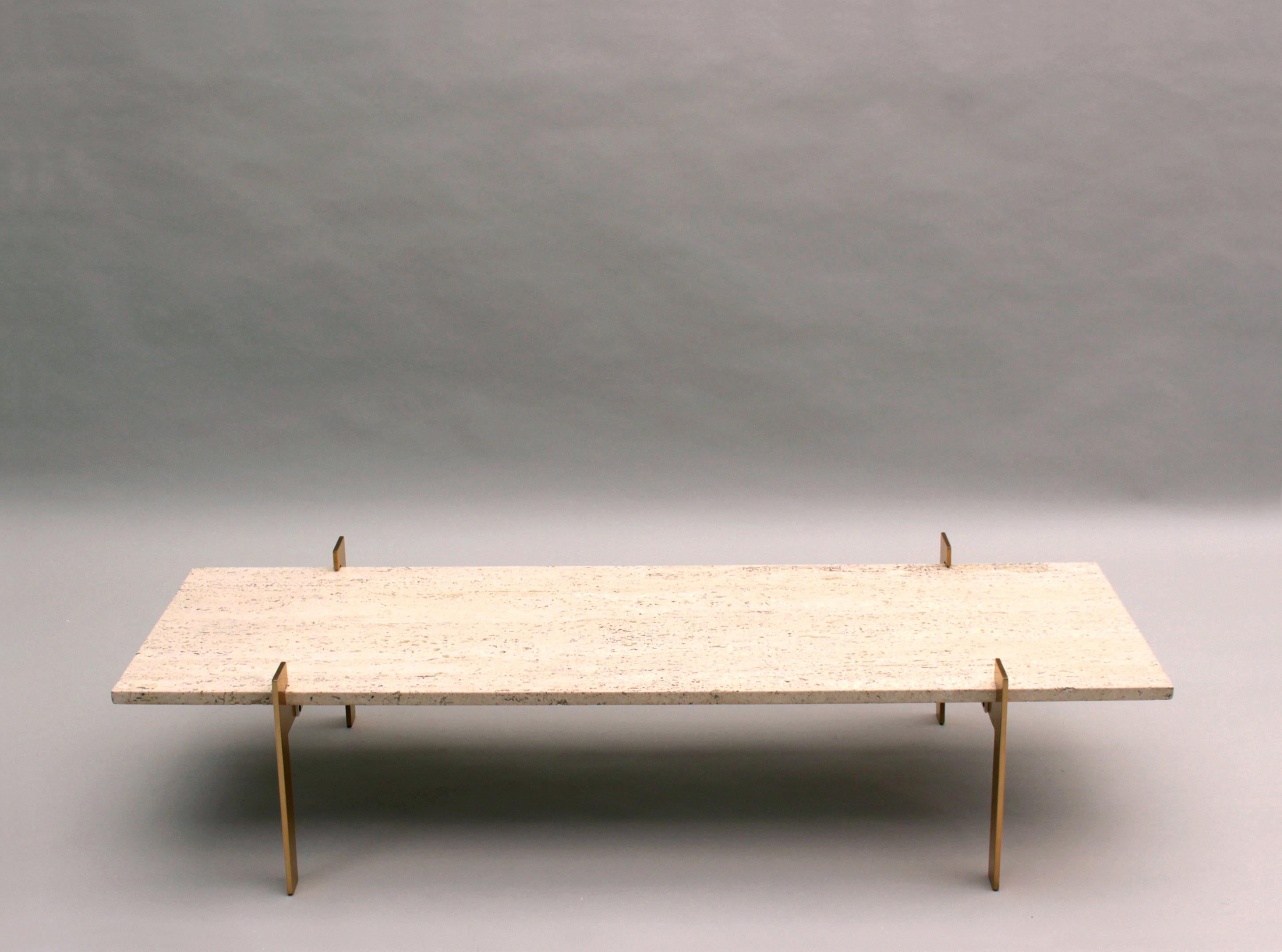 Fine French 1960s Brass and Travertine Coffee Table For Sale 3