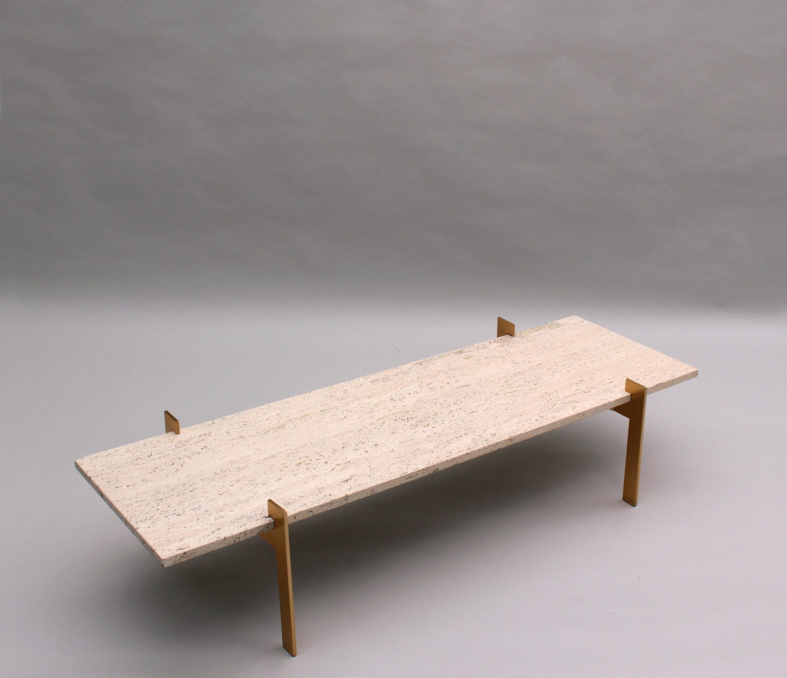 Fine French 1960s Brass and Travertine Coffee Table For Sale 4