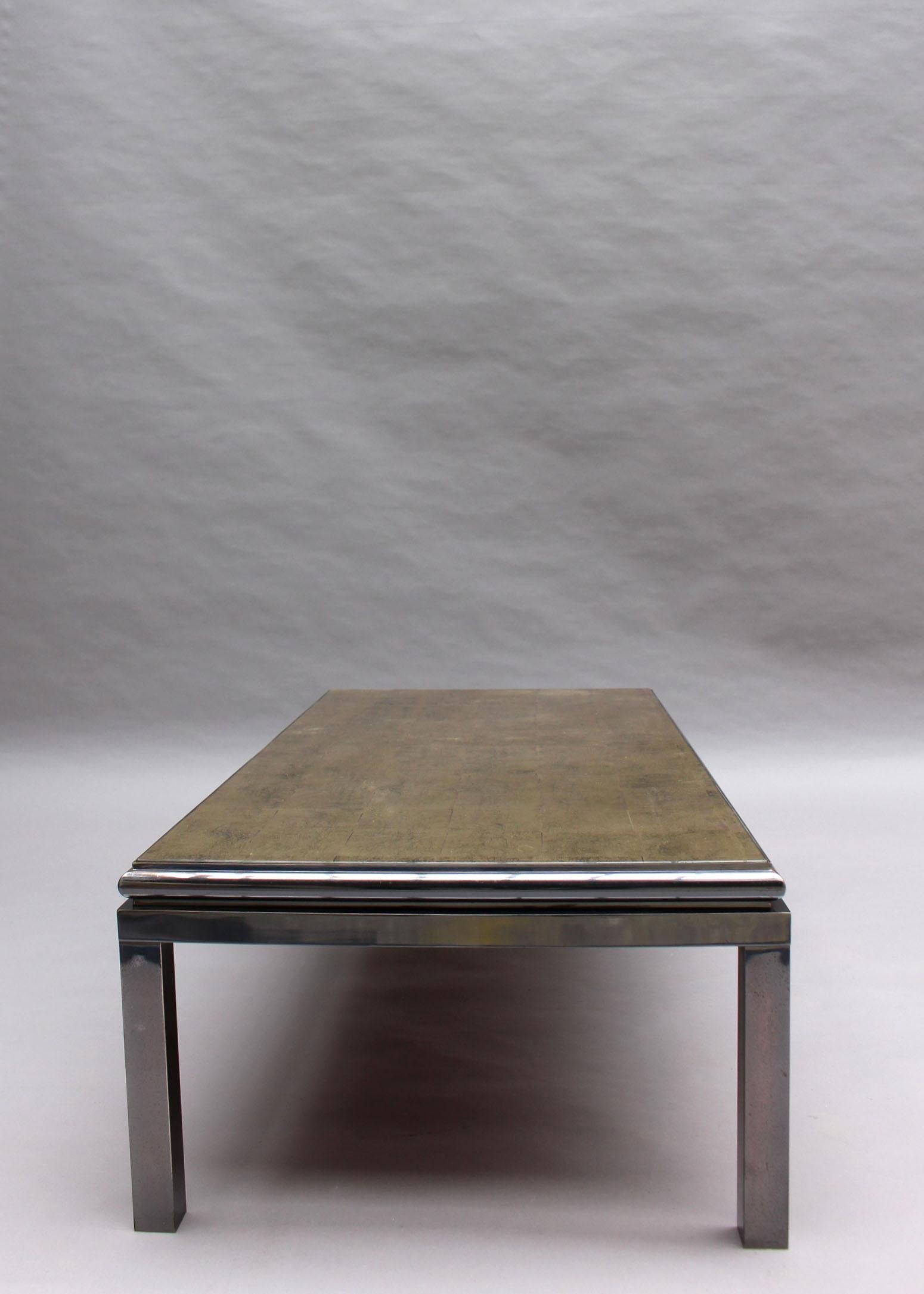 Fine French 1970s Eglomise Glass Top Coffee Table with a Patinated Metal Frame For Sale 5