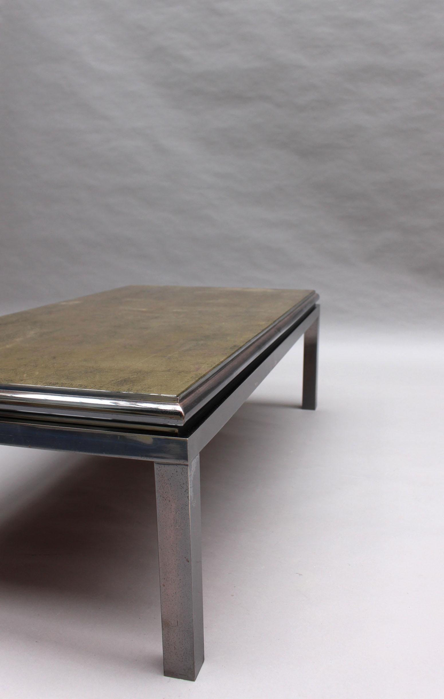 Fine French 1970s Eglomise Glass Top Coffee Table with a Patinated Metal Frame For Sale 7