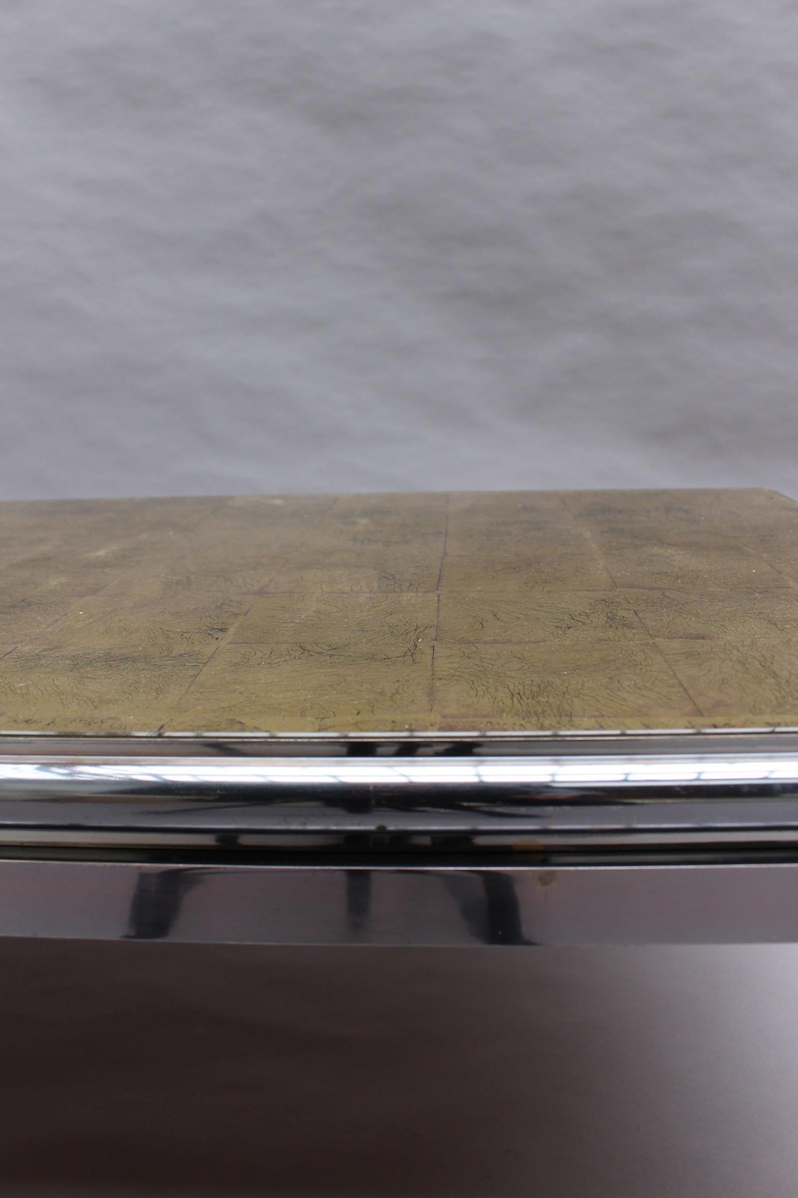 Fine French 1970s Eglomise Glass Top Coffee Table with a Patinated Metal Frame For Sale 9