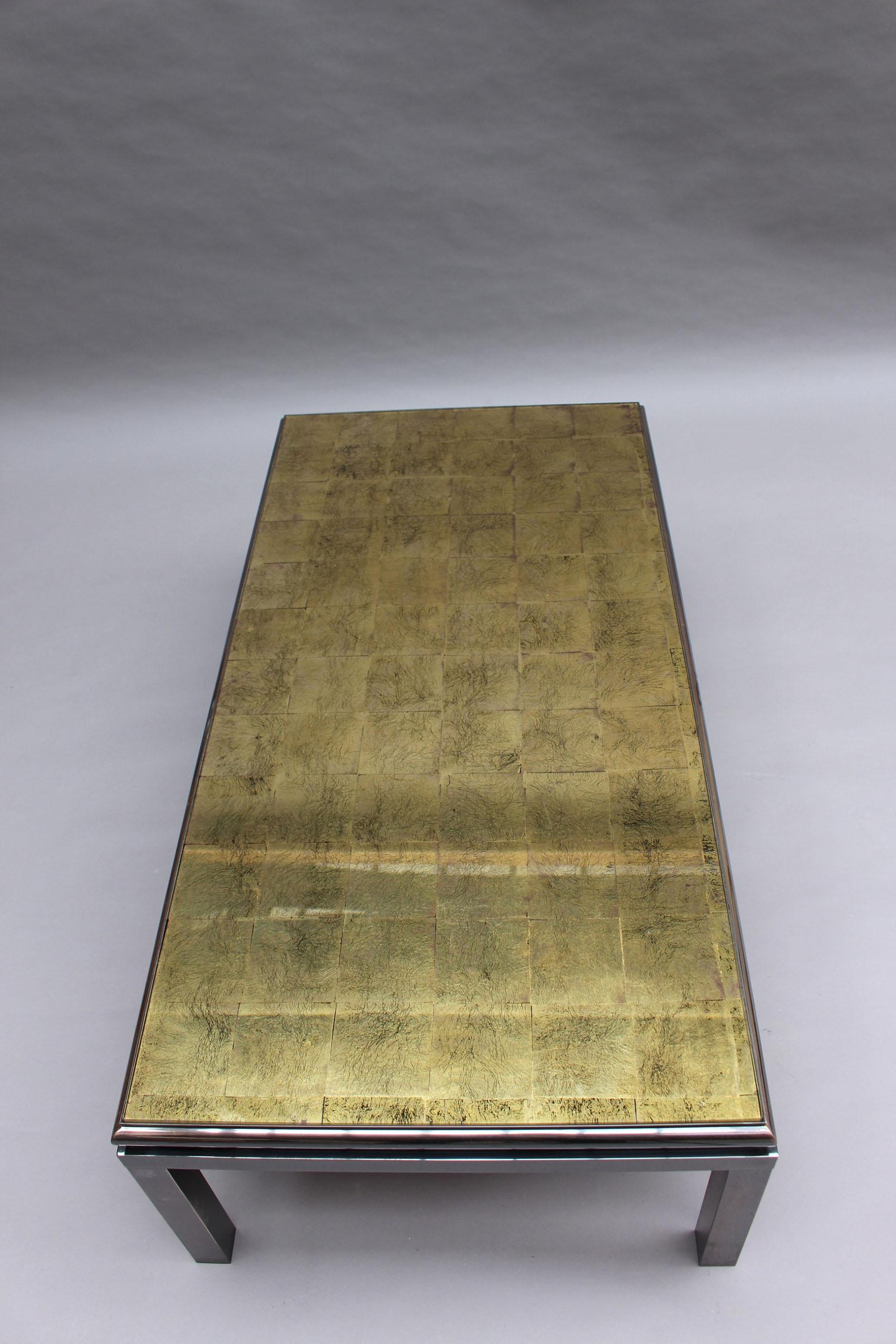 Fine French 1970s Eglomise Glass Top Coffee Table with a Patinated Metal Frame For Sale 11