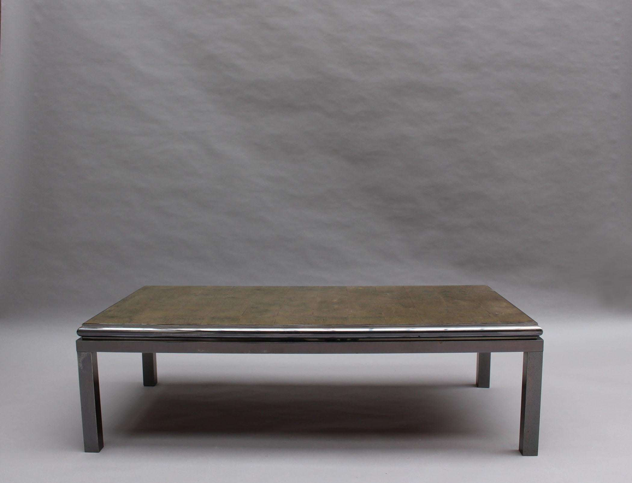 Mid-Century Modern Fine French 1970s Eglomise Glass Top Coffee Table with a Patinated Metal Frame For Sale