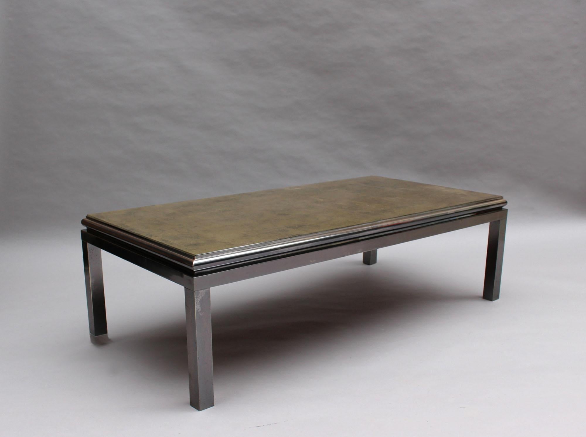 Fine French 1970s Eglomise Glass Top Coffee Table with a Patinated Metal Frame In Good Condition For Sale In Long Island City, NY