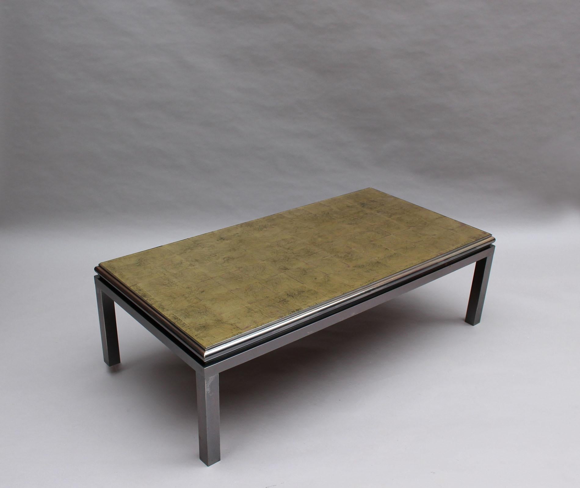 Late 20th Century Fine French 1970s Eglomise Glass Top Coffee Table with a Patinated Metal Frame For Sale