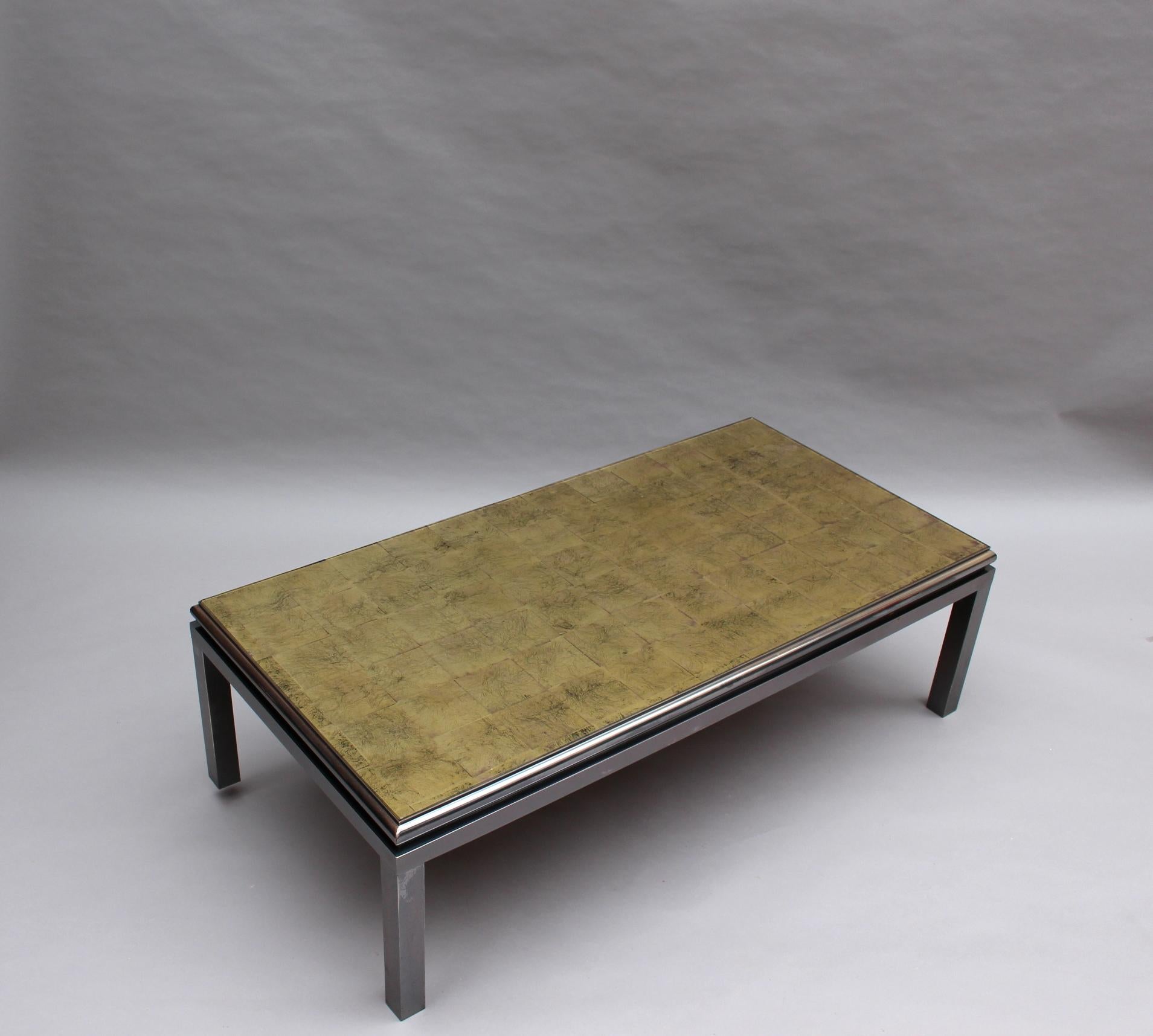 Fine French 1970s Eglomise Glass Top Coffee Table with a Patinated Metal Frame For Sale 1