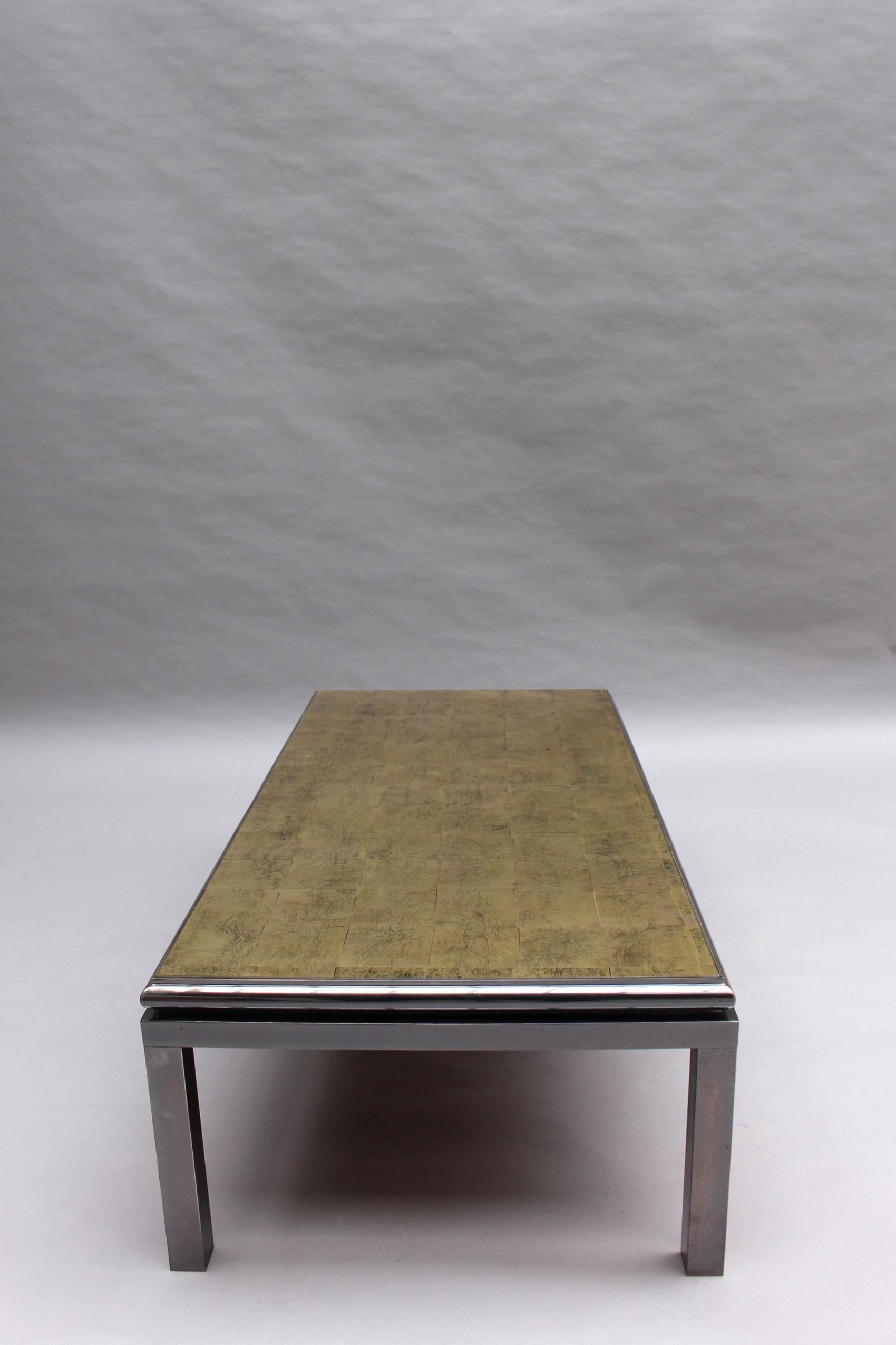 Fine French 1970s Eglomise Glass Top Coffee Table with a Patinated Metal Frame For Sale 4