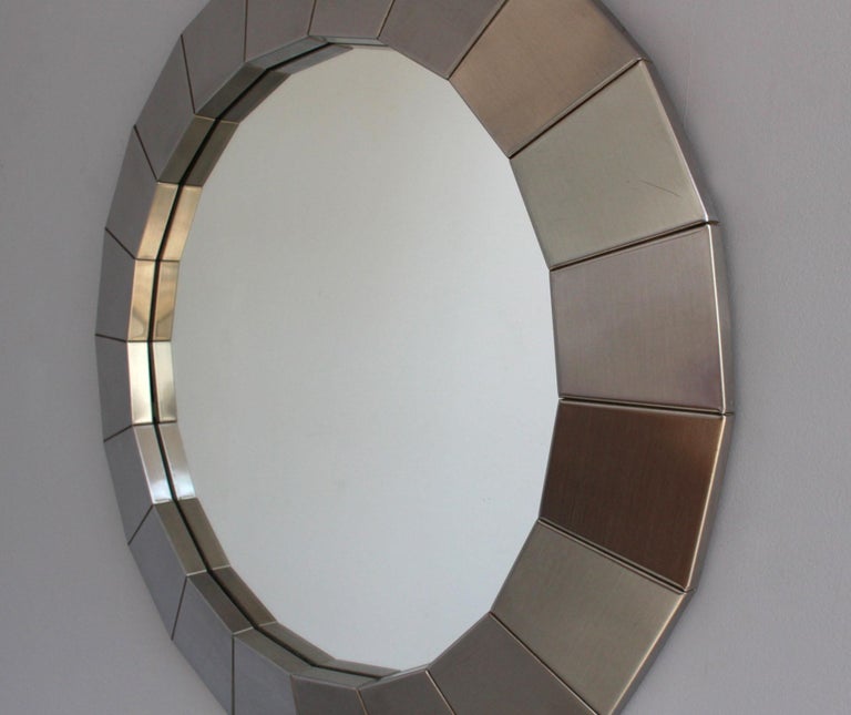 Fine French 1970s Round Faceted Polished Stainless Steel Framed Mirror