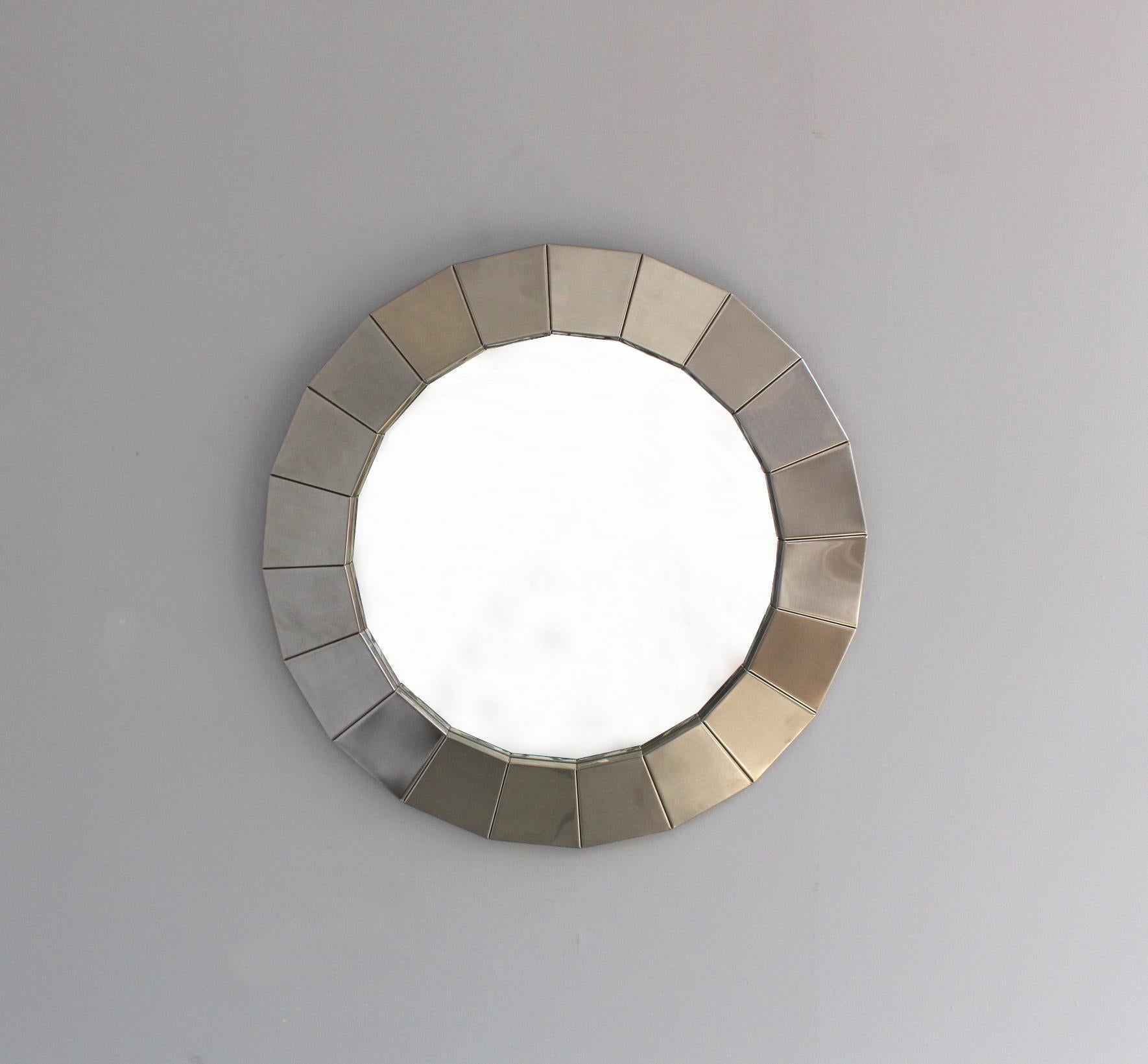 Mid-Century Modern Fine French 1970s Round Faceted Polished Stainless Steel Framed Mirror